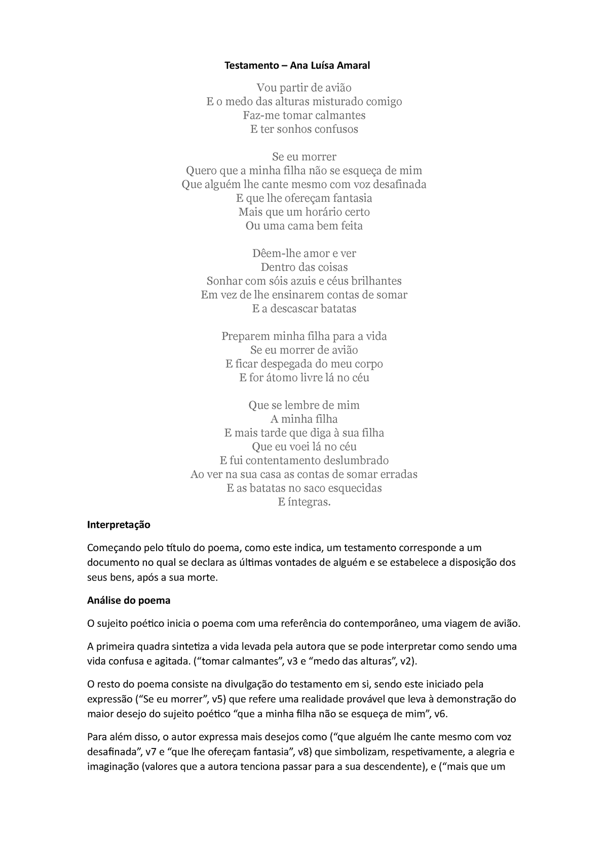 Análise do poema Testamento Testamento Ana Luísa Amaral Vou partir de avião E o medo das