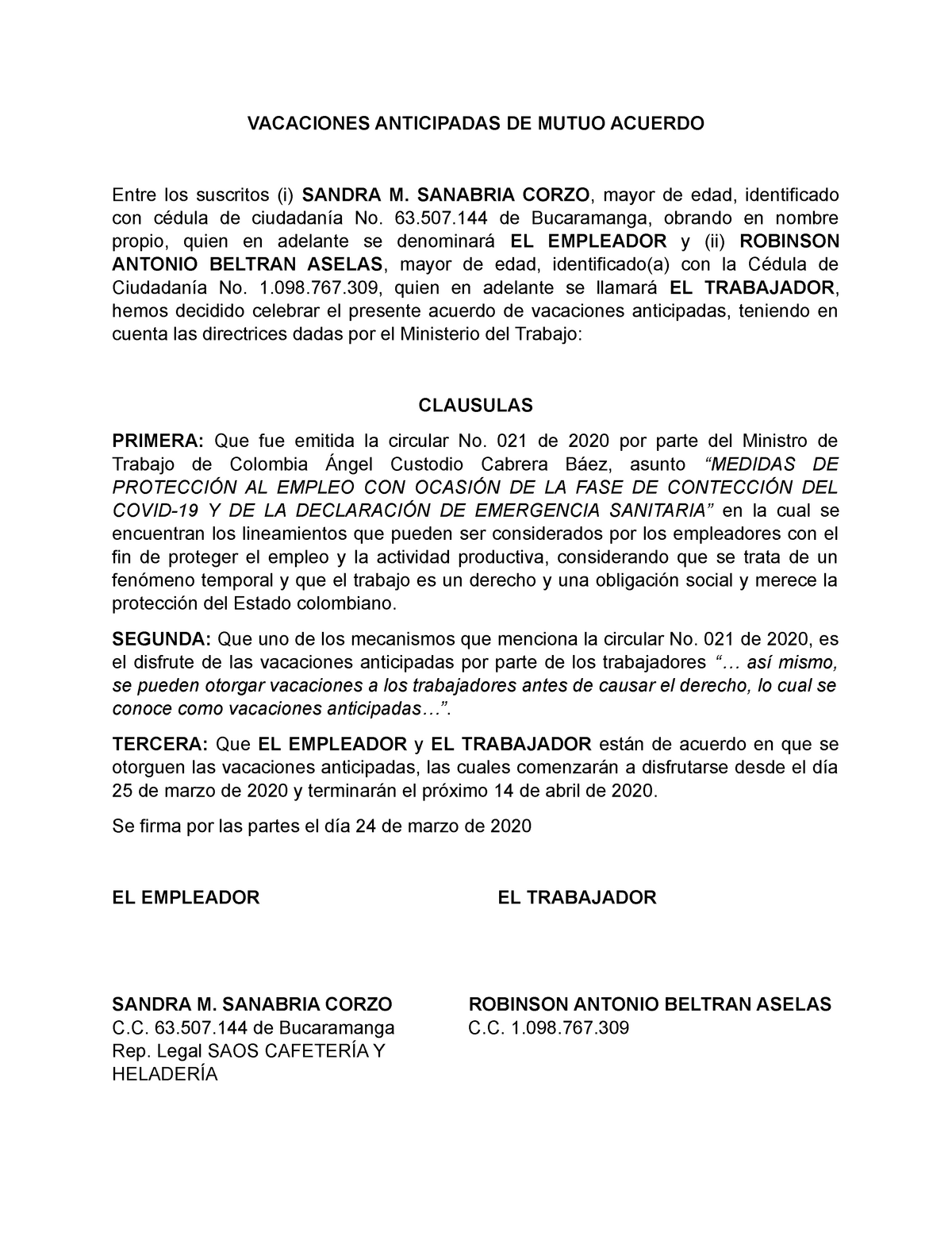 Vacaciones Anticipadas DE Mutuo Acuerdo Formato Robinson Antonio Beltran  Aselas - VACACIONES - Studocu