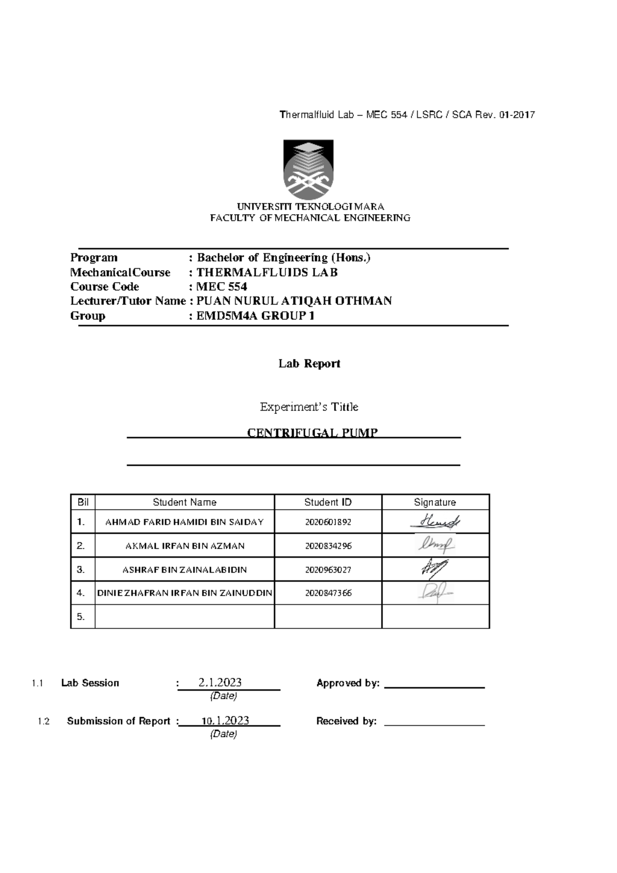 Centrifugal Pump Report Thermalfluid Lab MEC 554 / LSRC / SCA Rev