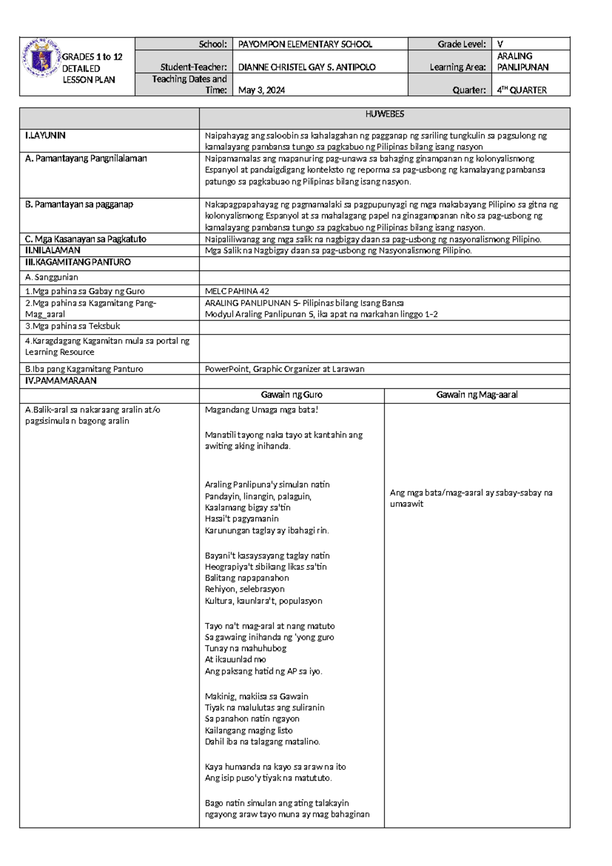 DLP sa AP dianne - GRADES 1 to 12 DETAILED LESSON PLAN School: PAYOMPON ...