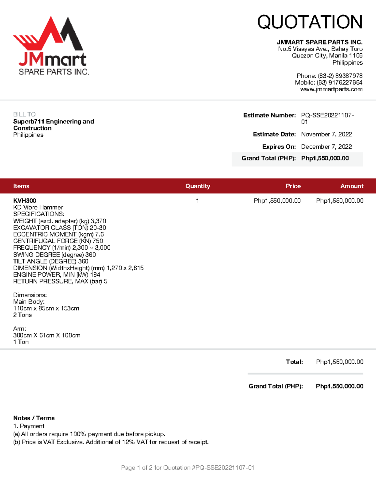 PQSSE2022110701 adaws QUOTATION JMMART SPARE PARTS INC. No