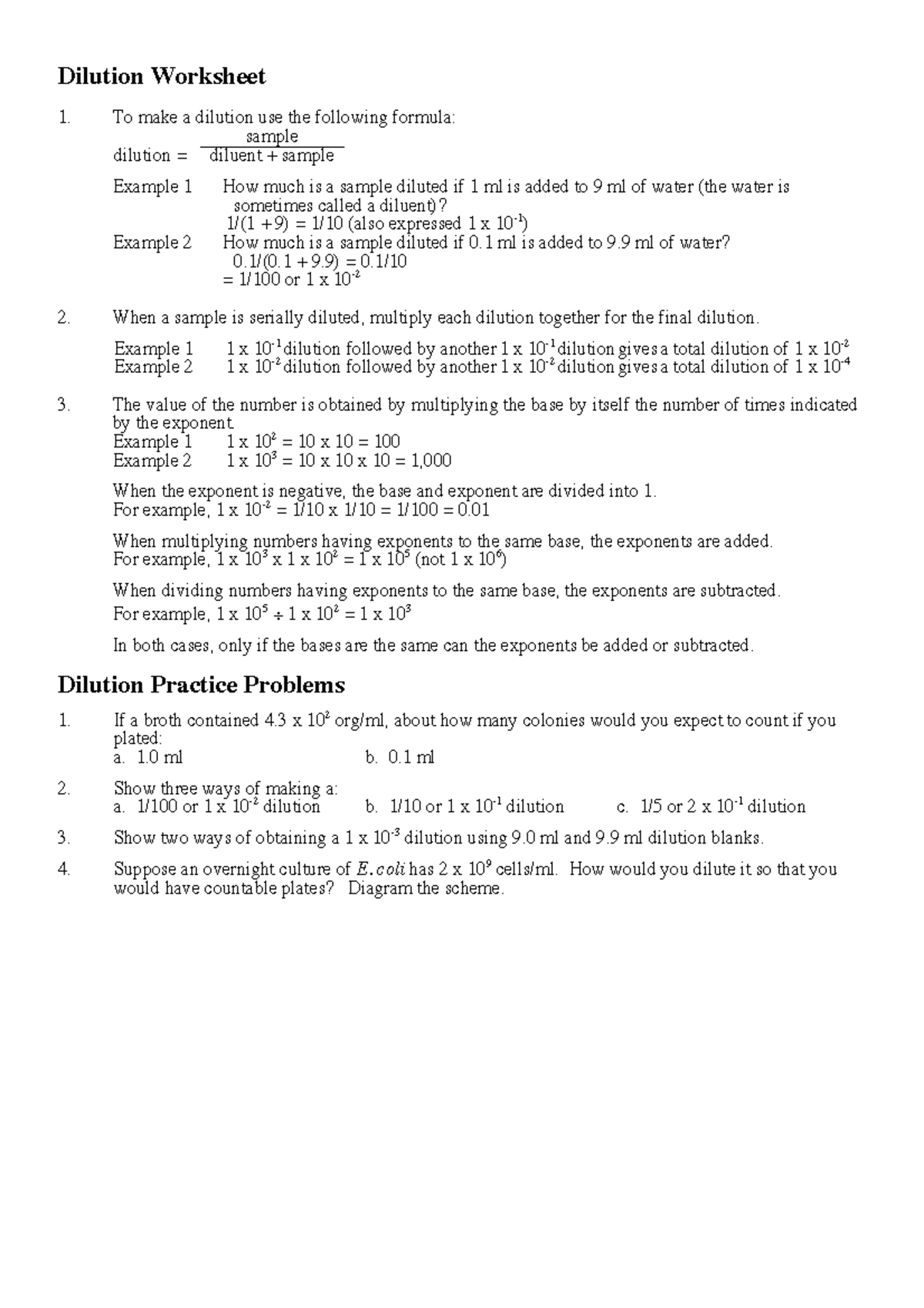 Dilution Worksheet Dilution Worksheet To Make A Dilution Use The Following Formula Sample