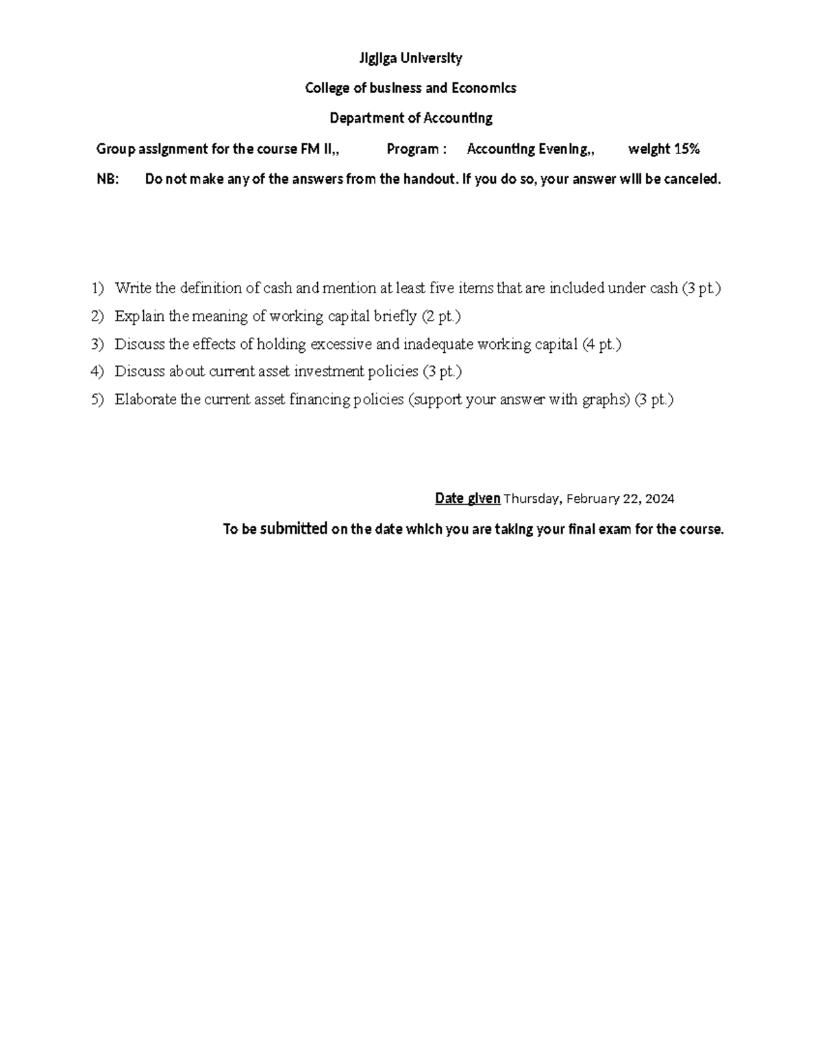 Group assignment f CH 2 Working Capital FM II Accounting Evening ...
