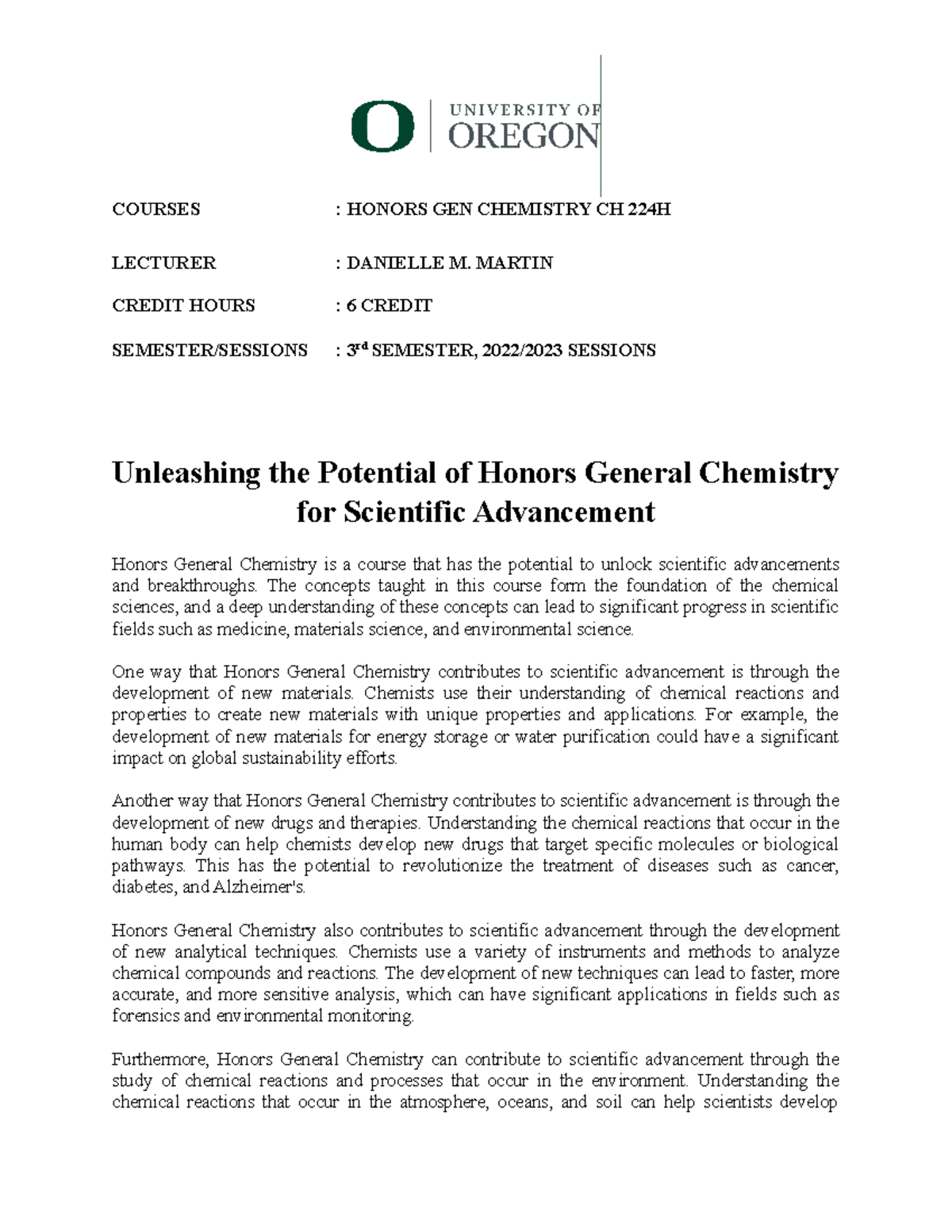 Unleashing the Potential of Honors General Chemistry for Scientific