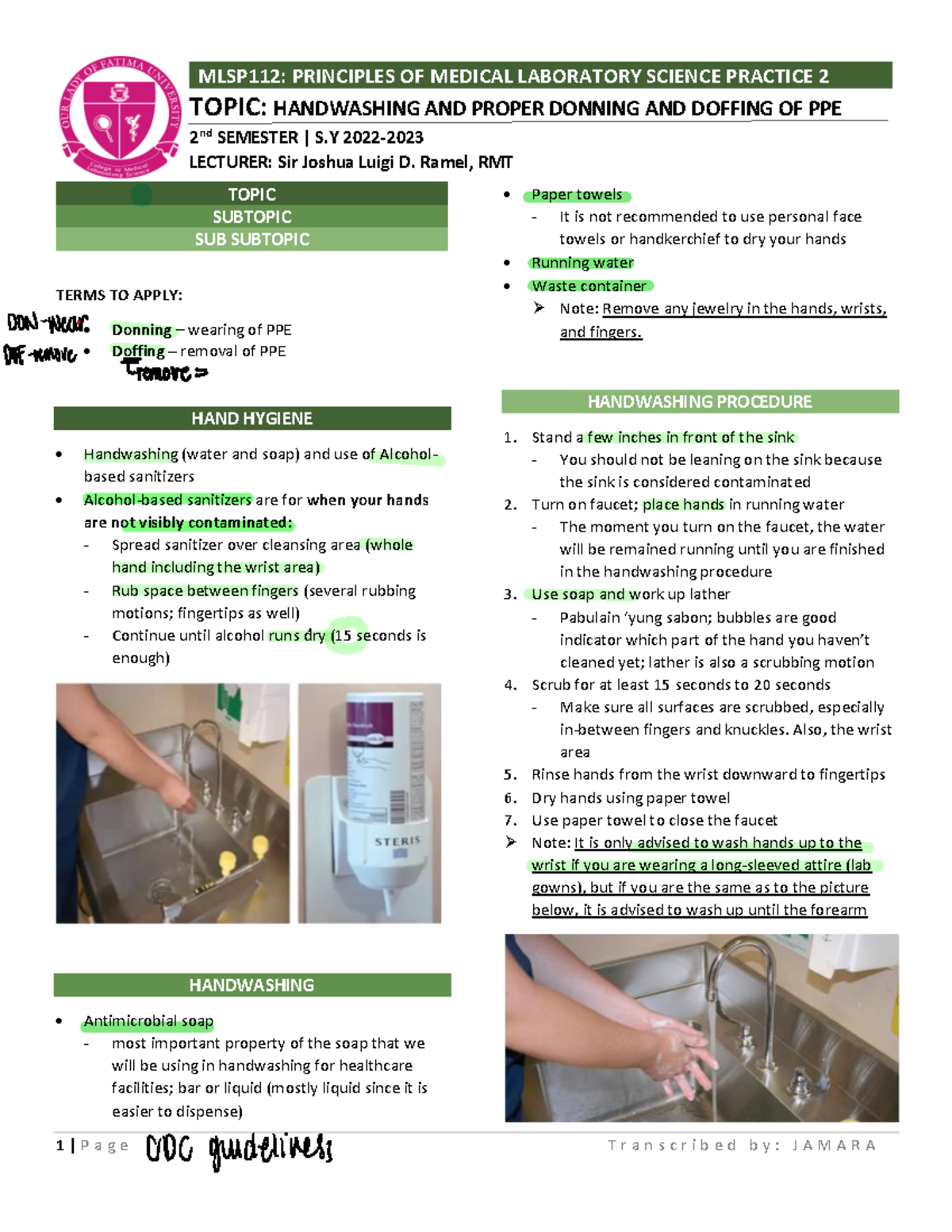 Lesson 2 ( Laboratory) Handwashing AND PPE 1 P a g e T r a n s c