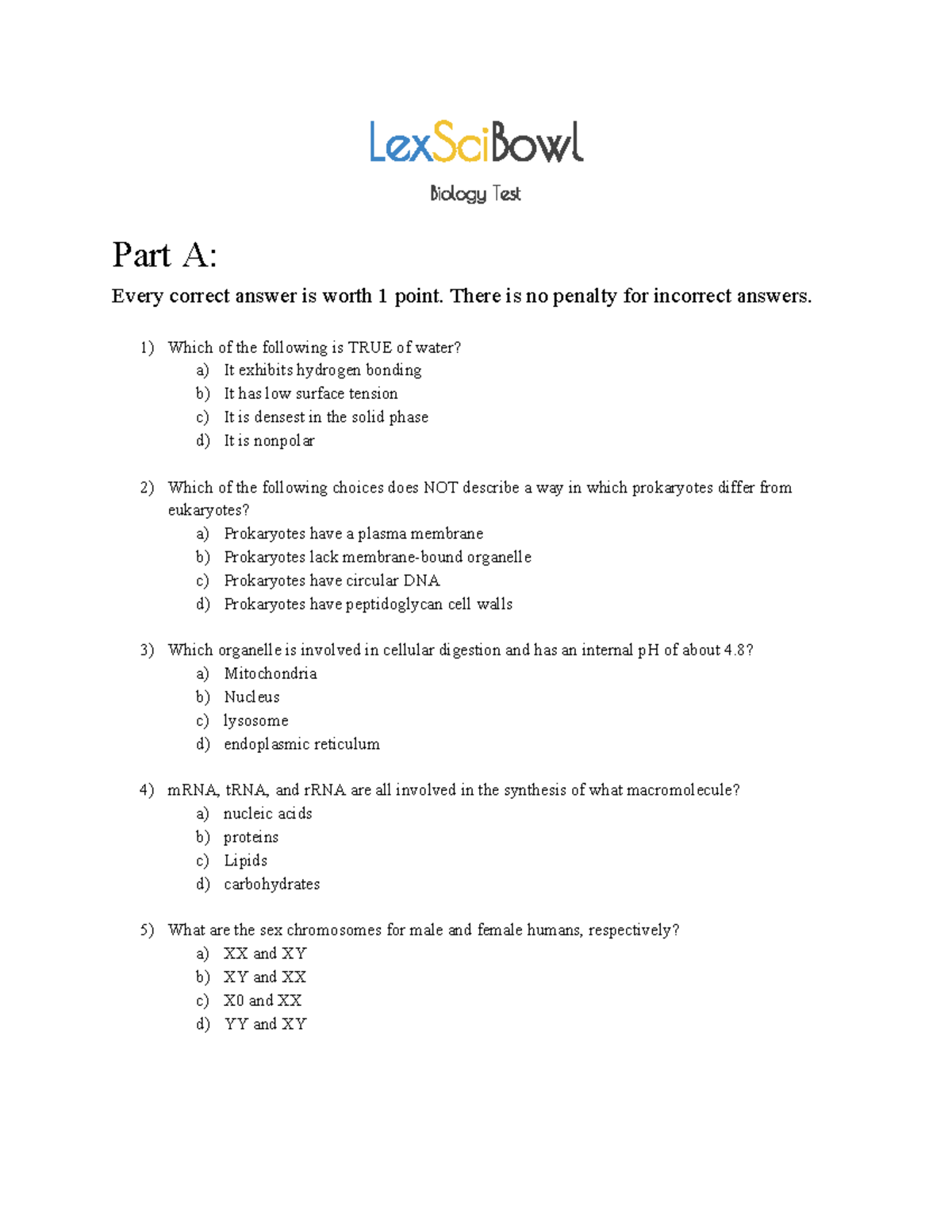 SCIENCE BOWL PRACTICE QUESTIONS LexSciBowl Biology Test Part A Every