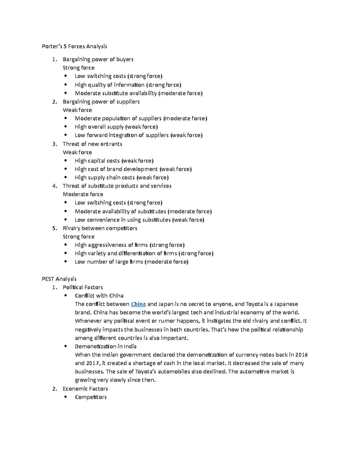 Toyota Environmental Scanning - Porter’s 5 Forces Analysis Bargaining ...