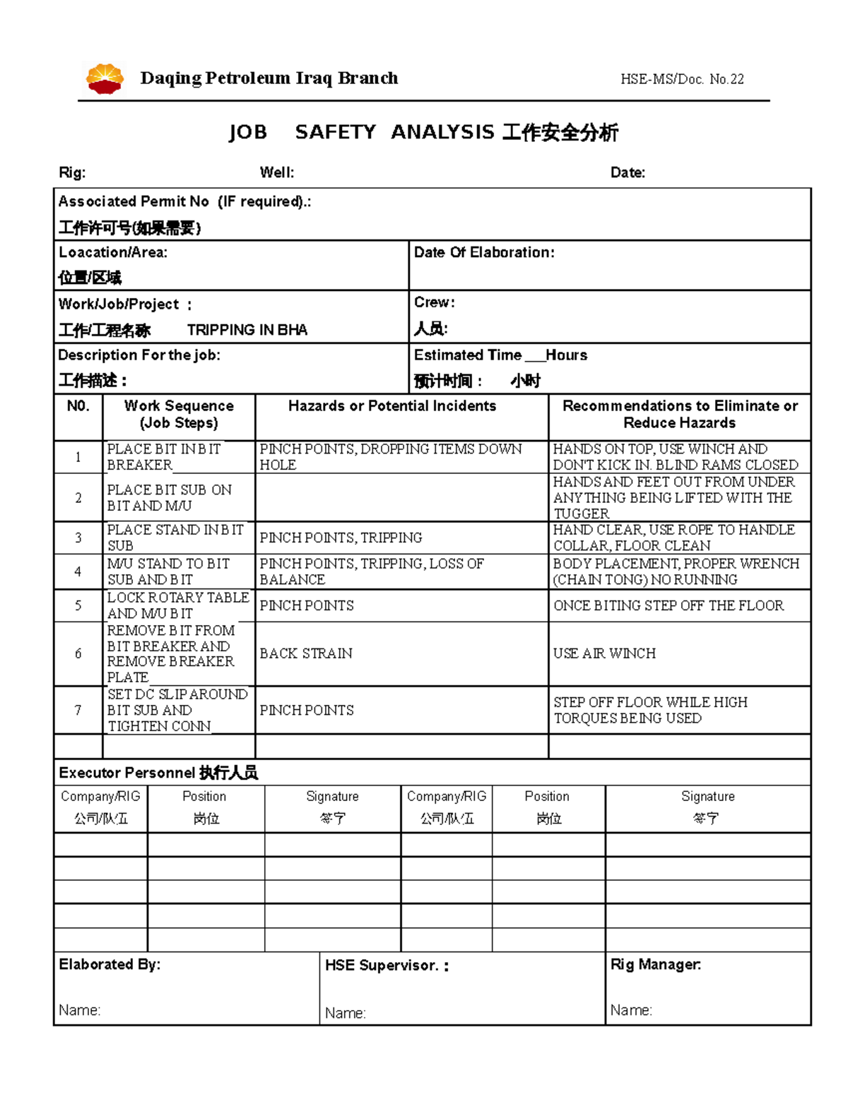 5. Tripping IN BHA Job safety analysis JSA for Rig Work HSE docs