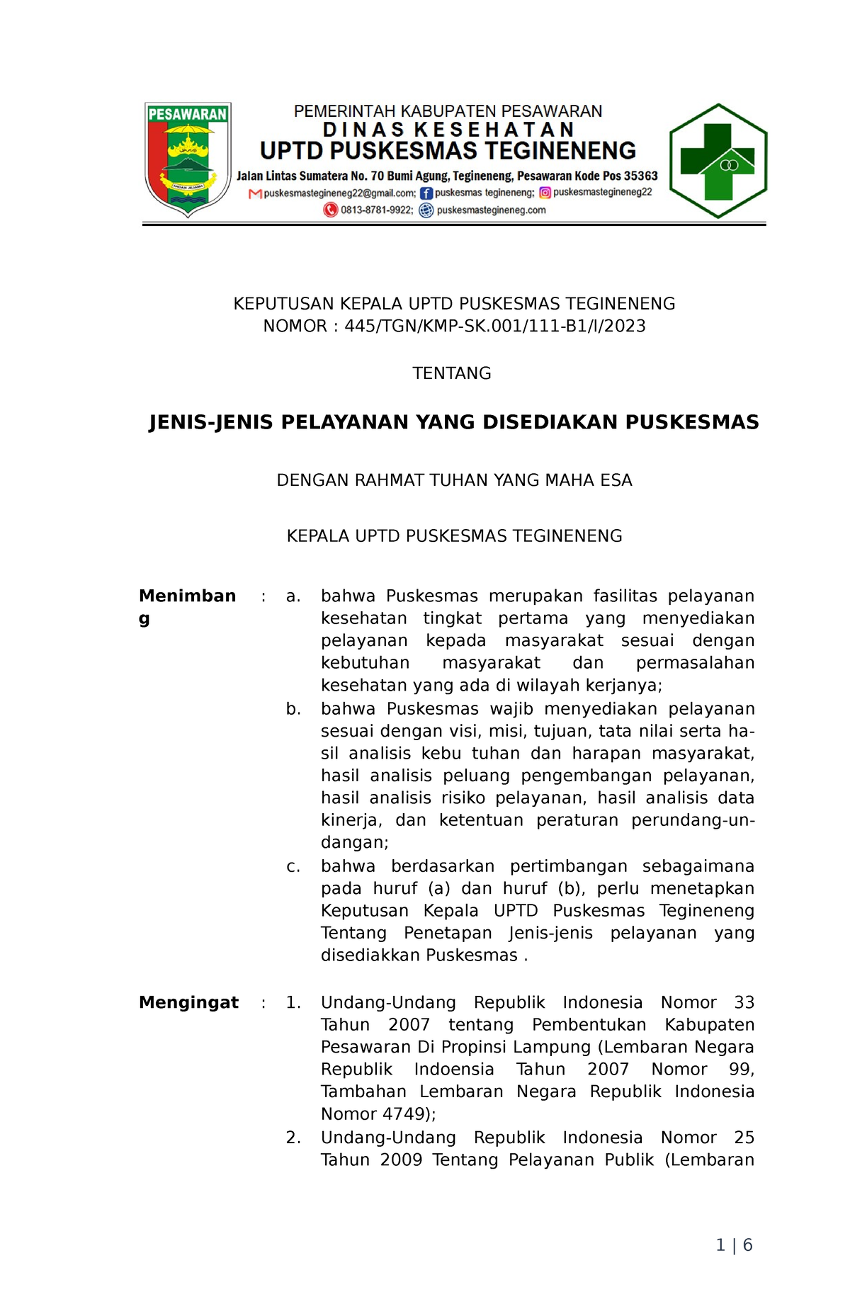 111-B1 SK Jenis- Jenis Layanan Puskesmas-FIX - KEPUTUSAN KEPALA UPTD ...