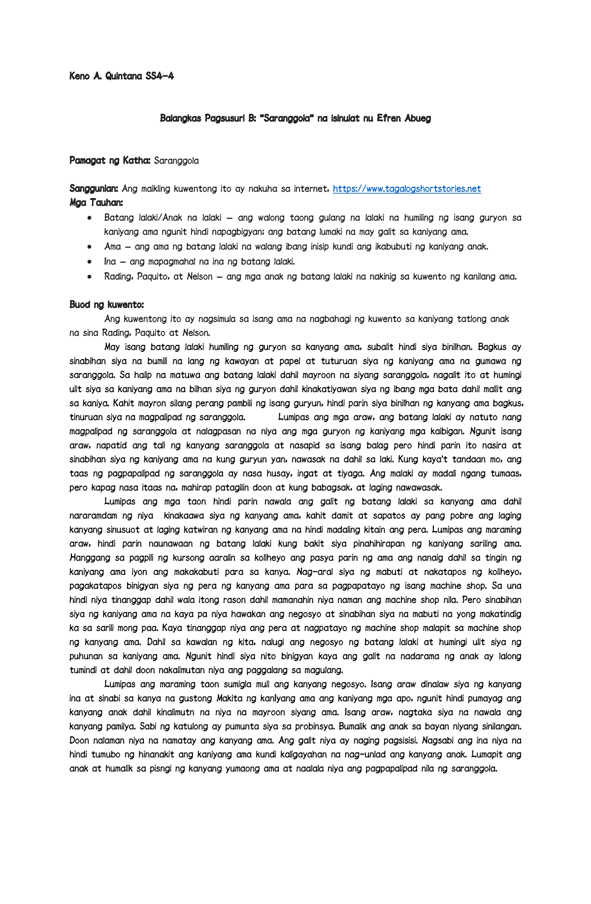 Balangkas B - Keno A. Quintana SS 4 - 4 Balangkas Pagsusuri B ...
