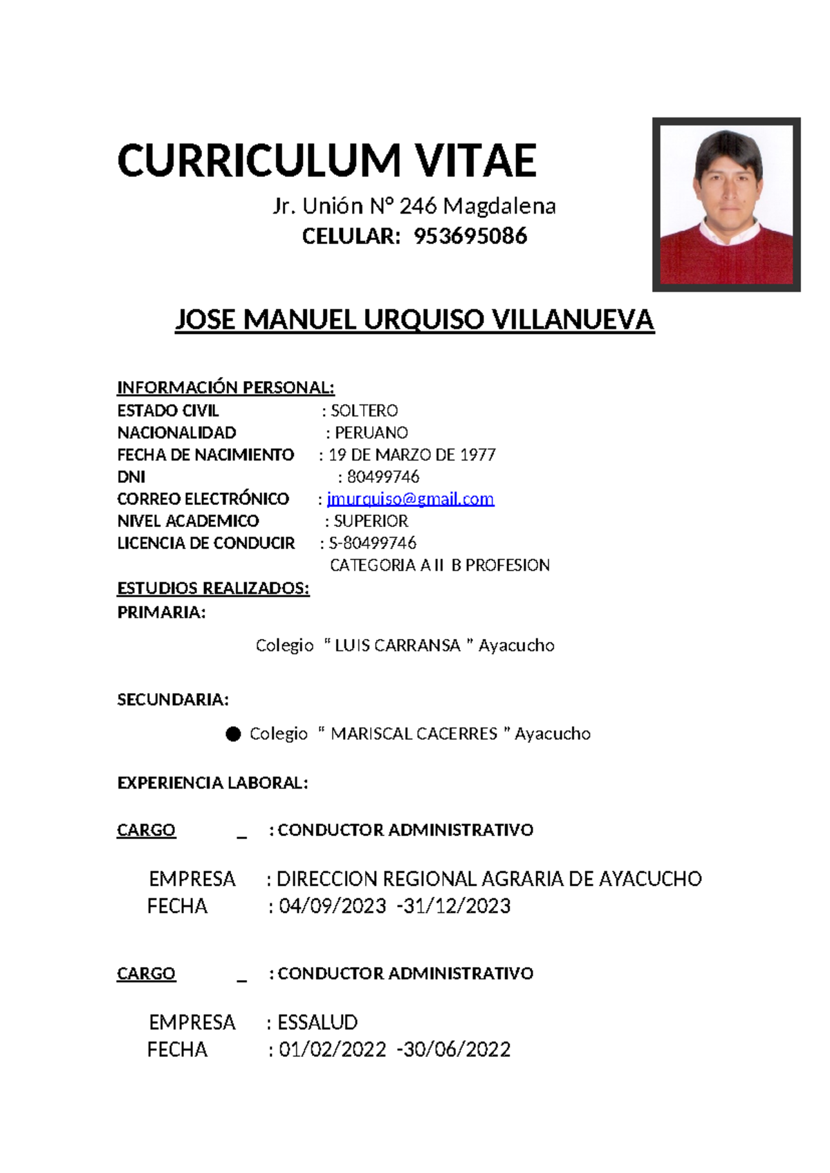 Curriculum Urquiso 1 - ayuda en tesis - CURRICULUM VITAE Jr. Unión N