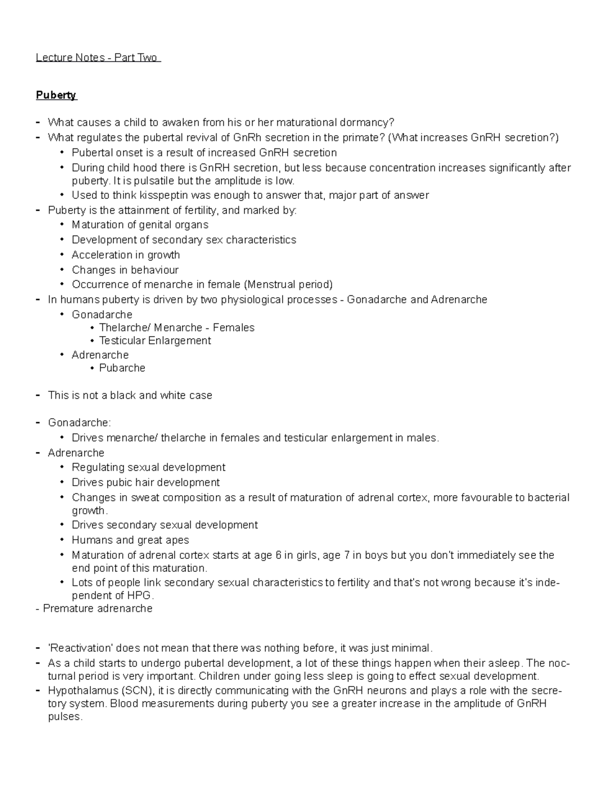 Lecture Notes Part 2 - Lecture Notes - Part Two Puberty - What causes a ...