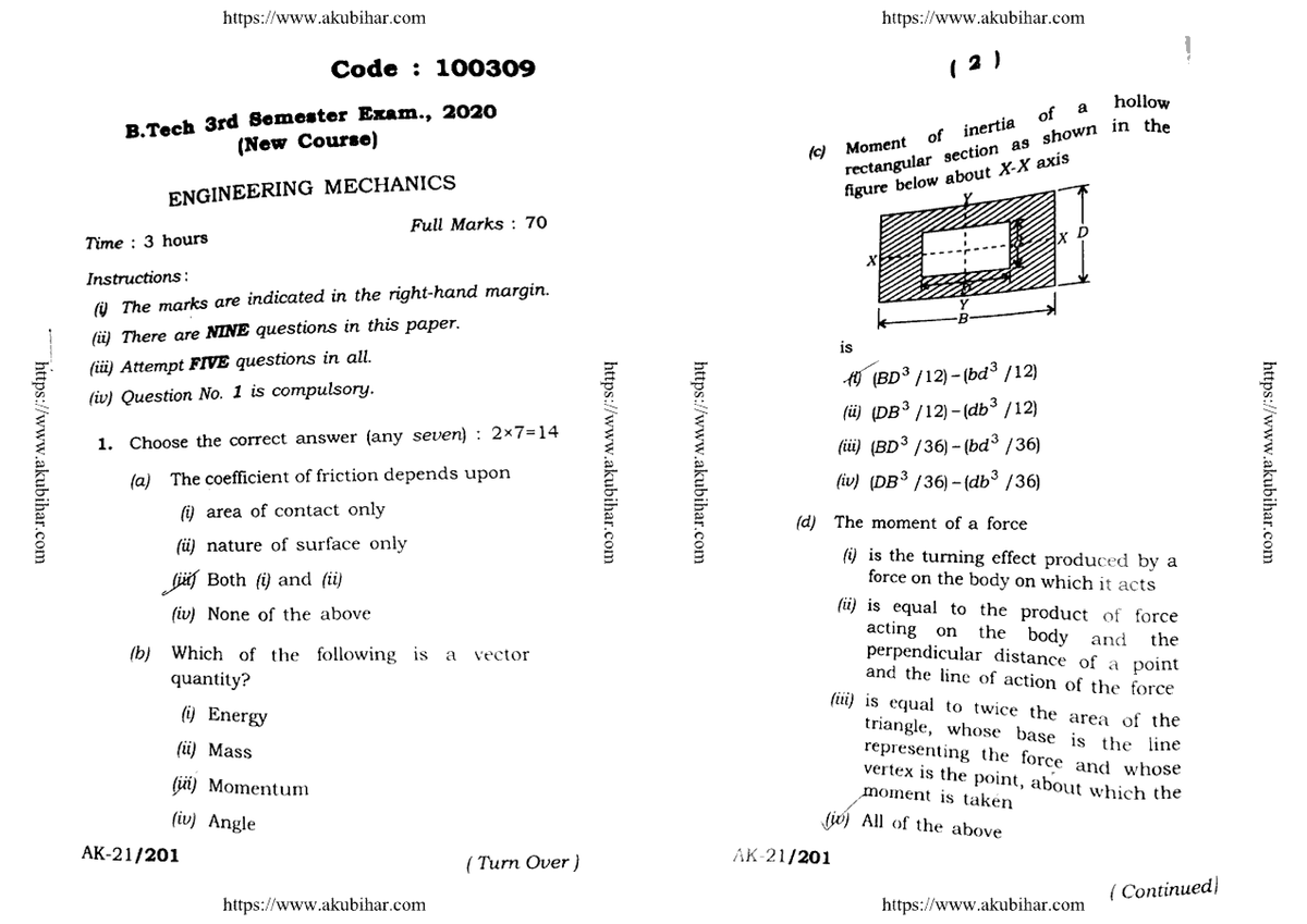 Previous Year Question Of Mechanics 2020 - Mechanical Engineering - Studocu