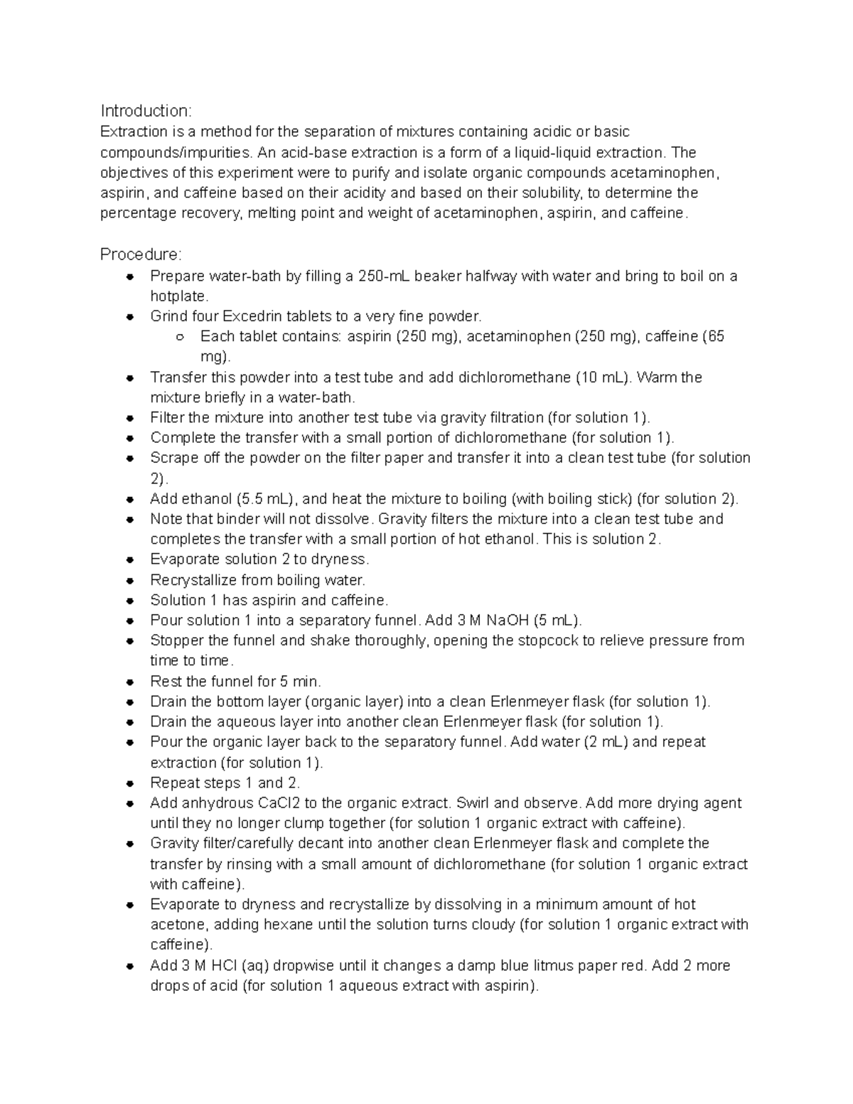 AcidBase Extraction lab report Introduction Extraction is a method