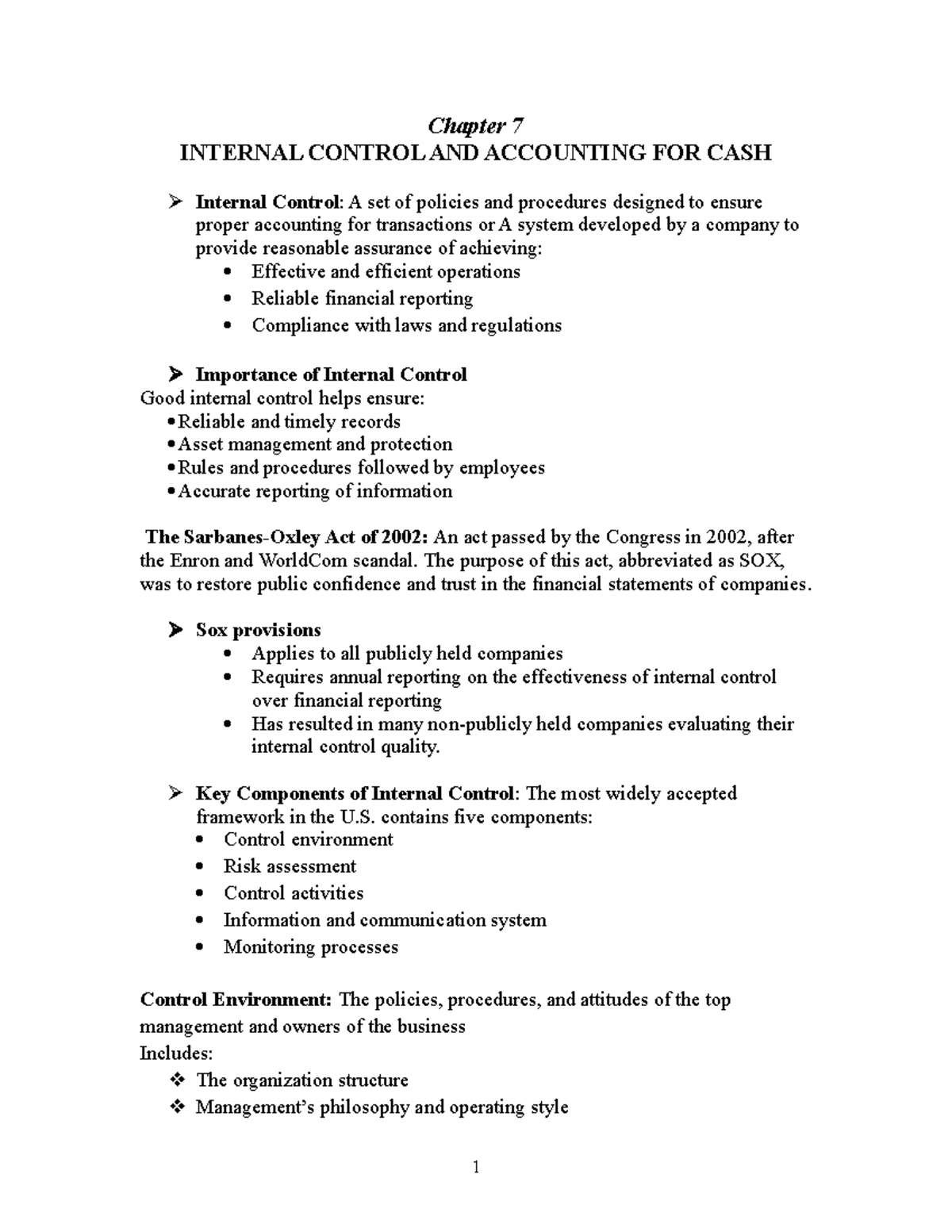 ACC 100 Chapter 7 Lecture Notes - Chapter 7 INTERNAL CONTROL AND ...