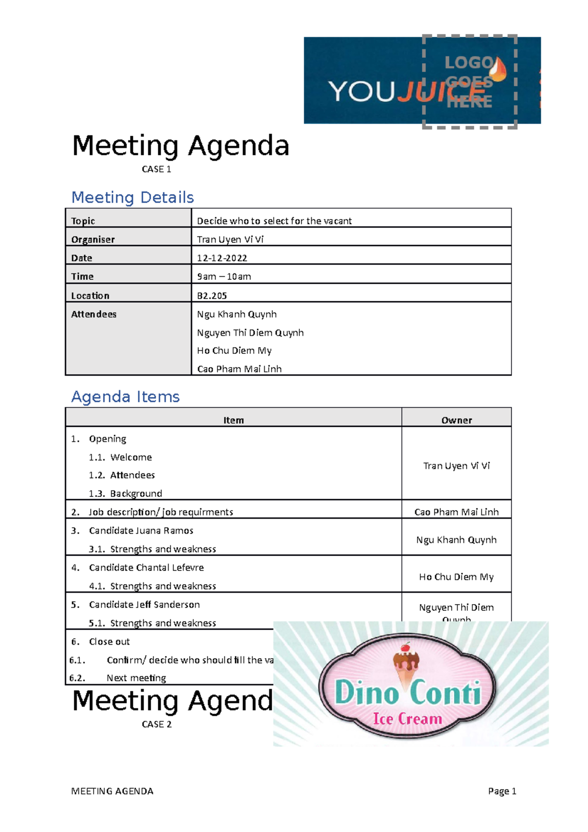 Meeting Agenda Speaking English Hp1 - Meeting Agenda Case 1 Meeting 