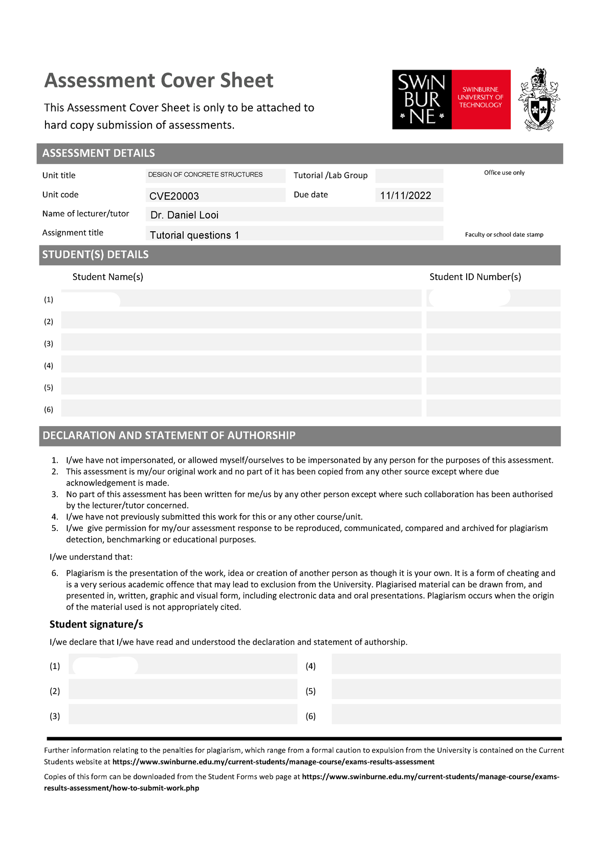 Tutorial questions 1 - Assessment Cover Sheet This Assessment Cover ...