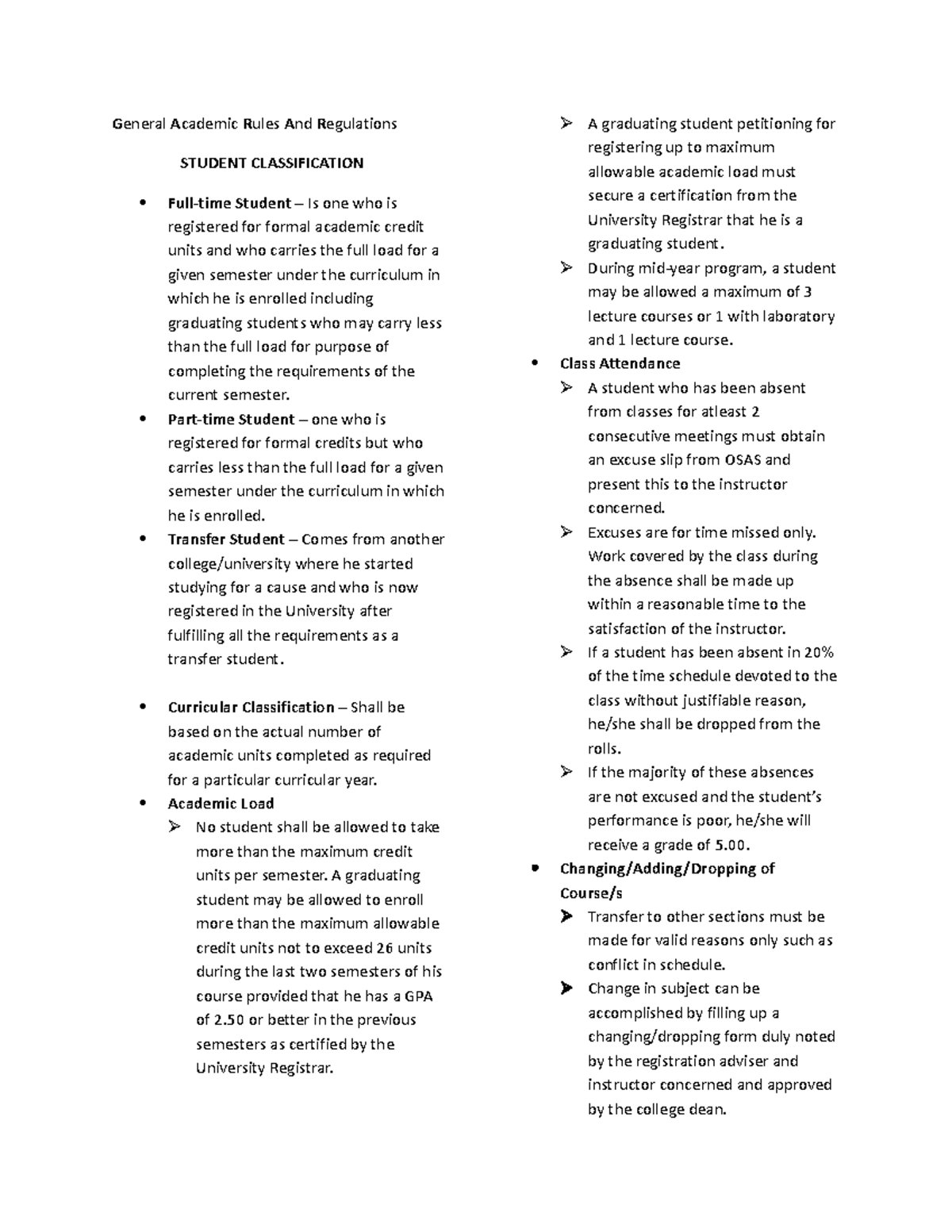 Notes 2 - General Academic Rules And Regulations STUDENT CLASSIFICATION ...