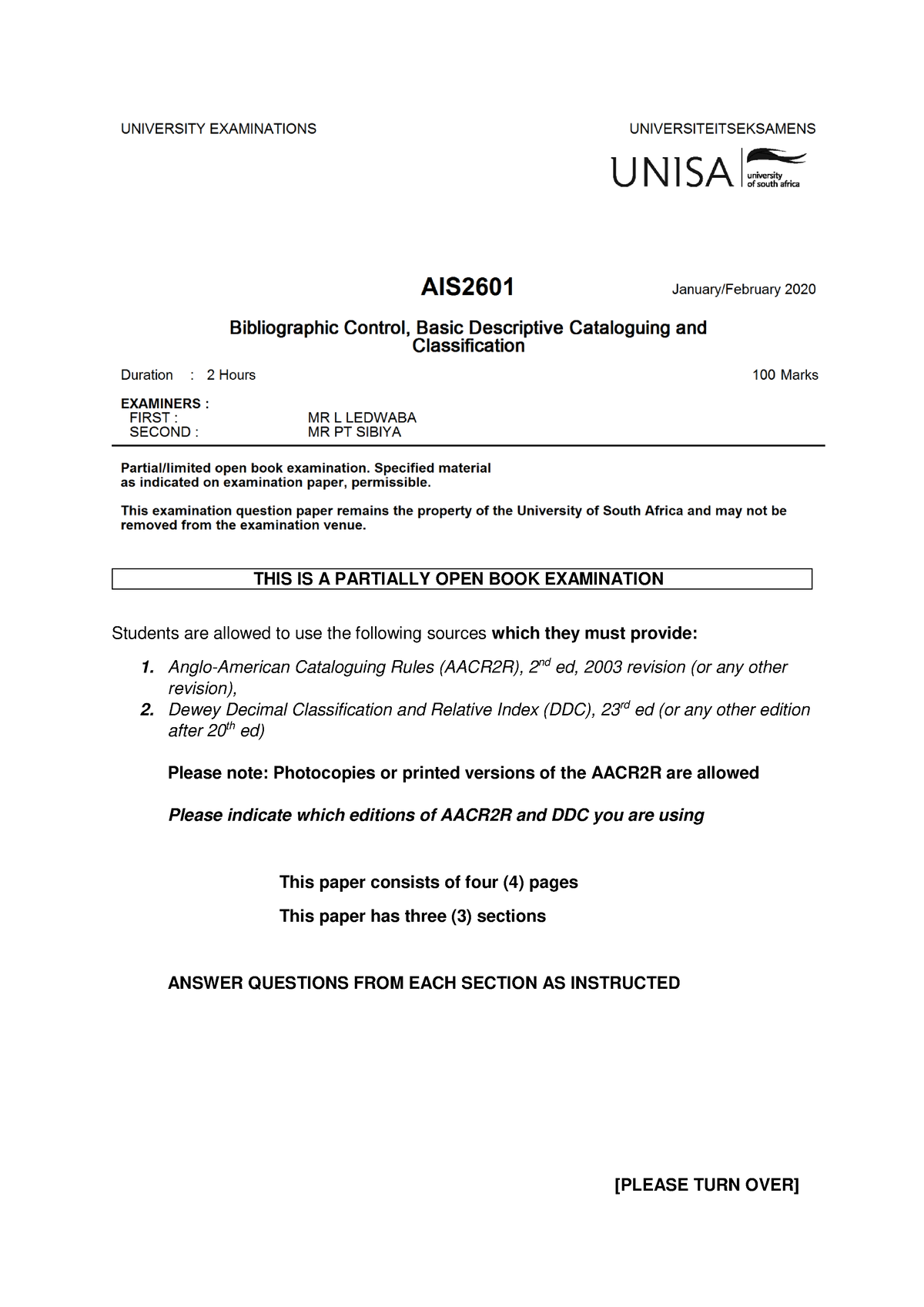 AIS2601-Exam Jan2020 V1 - THIS IS A PARTIALLY OPEN BOOK EXAMINATION ...