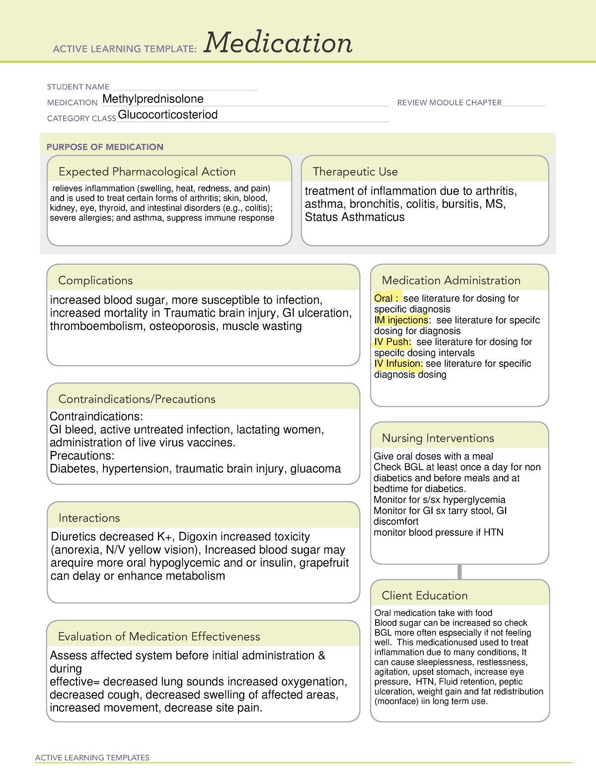 Methylprednisolone ATI medication template ACTIVE LEARNING TEMPLATES