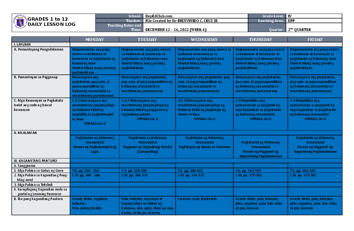 DLL EPP 4 Q2 W6 - lesson log - GRADES 1 to 12 DAILY LESSON LOG School ...