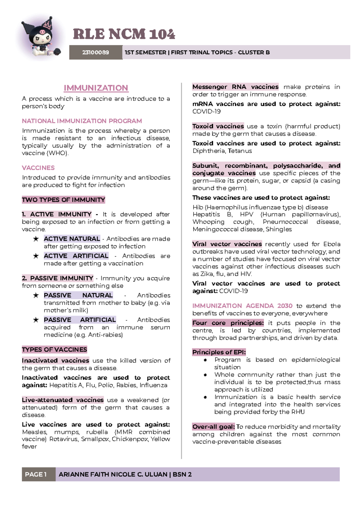 RLE NCM 104 Notes - IMMUNIZATION A process which is a vaccine are ...