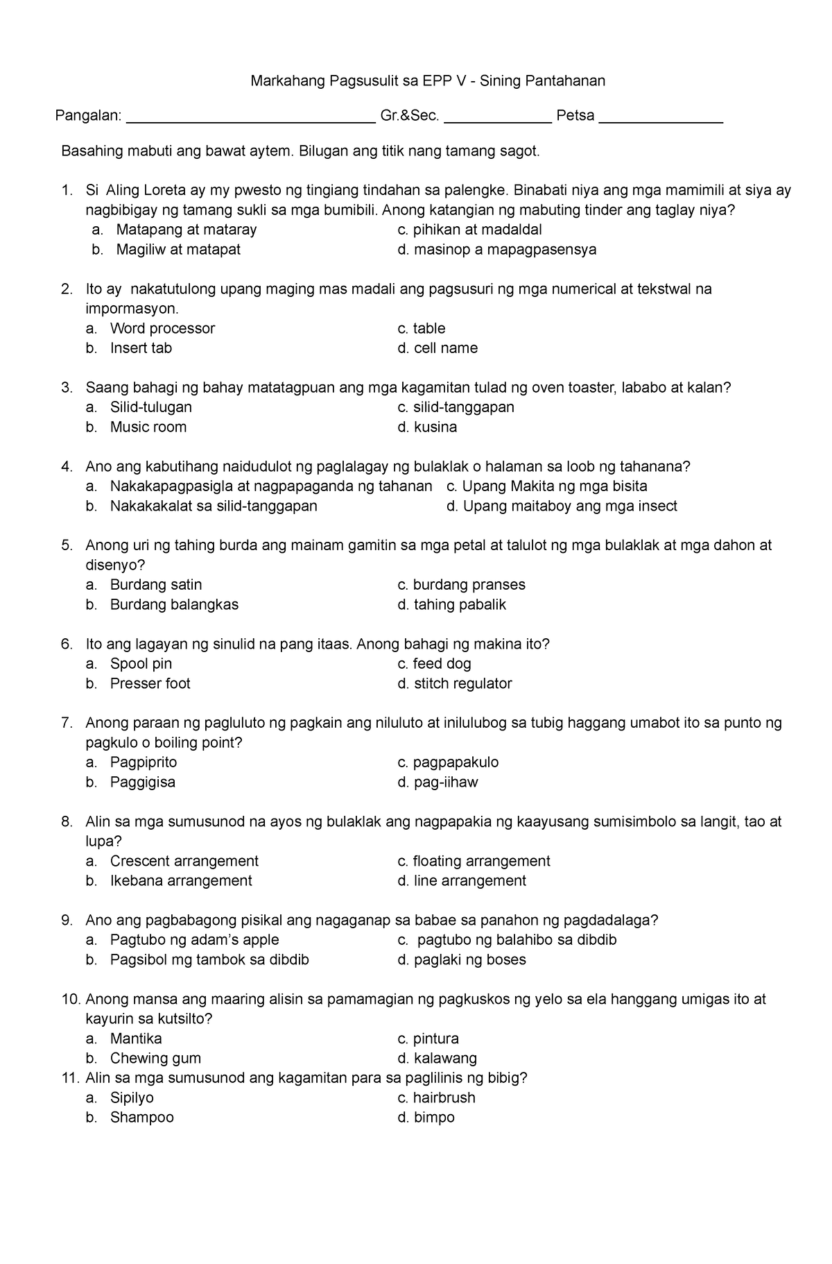 PT EPP-HE 5 Q1 - TRAINING ACTIVITIES - Markahang Pagsusulit Sa EPP V ...