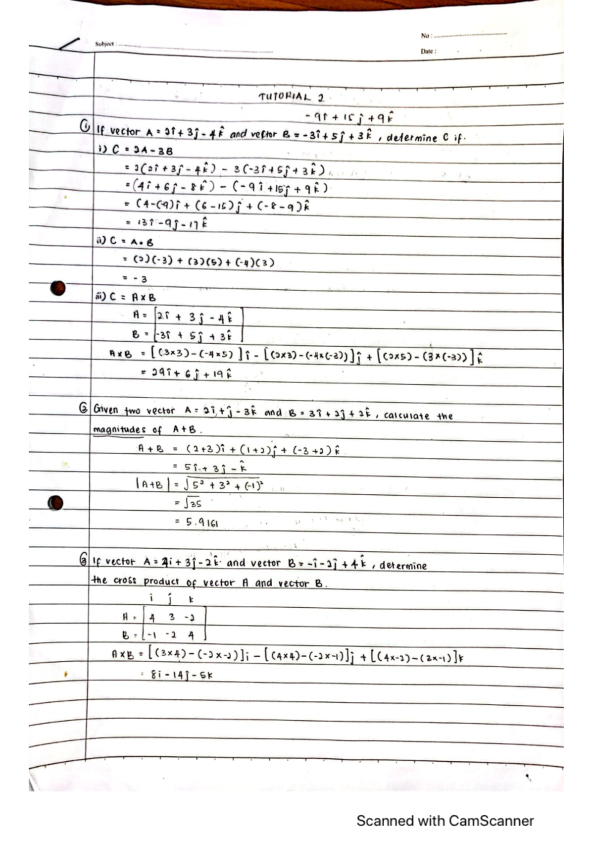 T2 PHY - tutorial 2 - No : Subject: Date: TUTORIAL 2 1 If vector A and ...