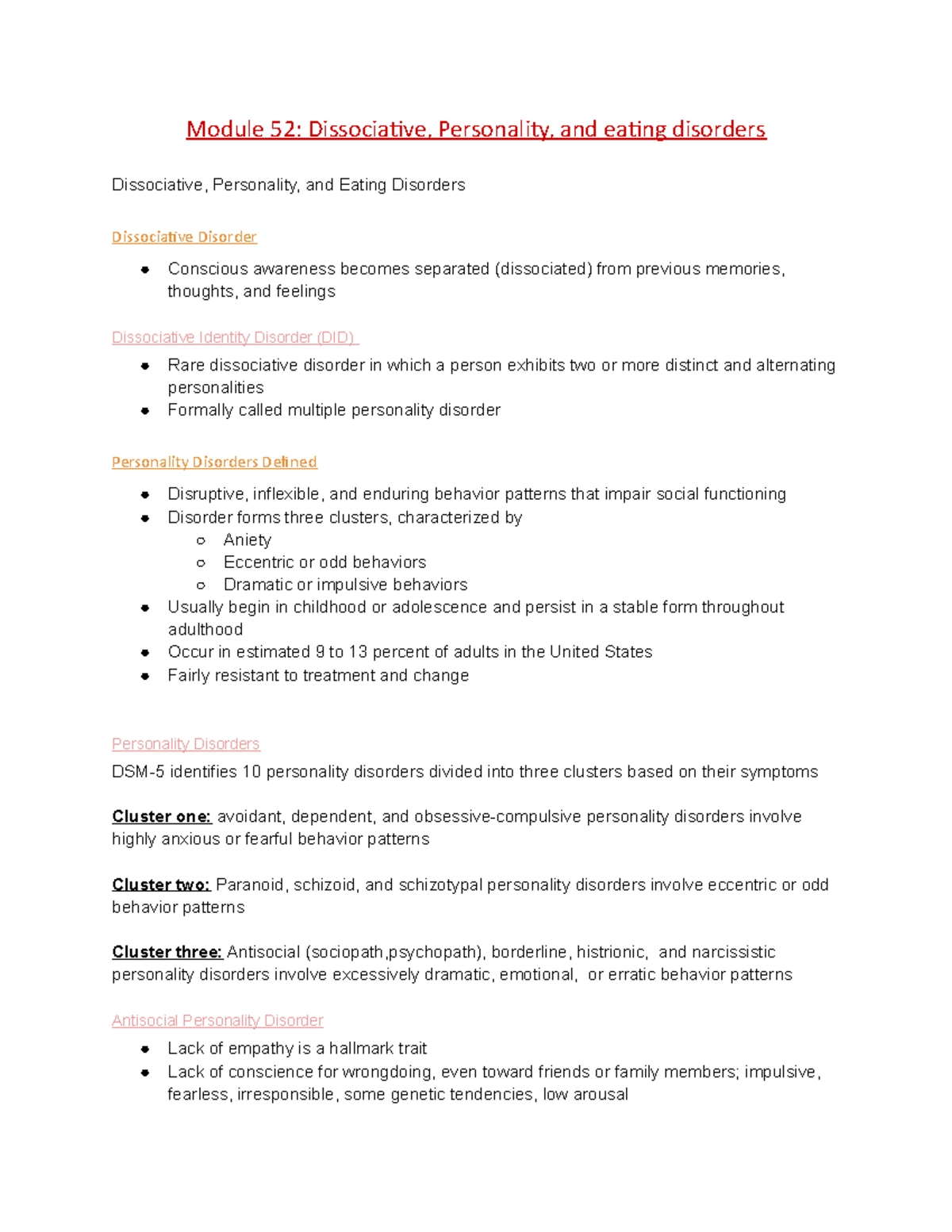 Module 52 Dissociate, Personality, and Eating Disorders - Module 52 ...