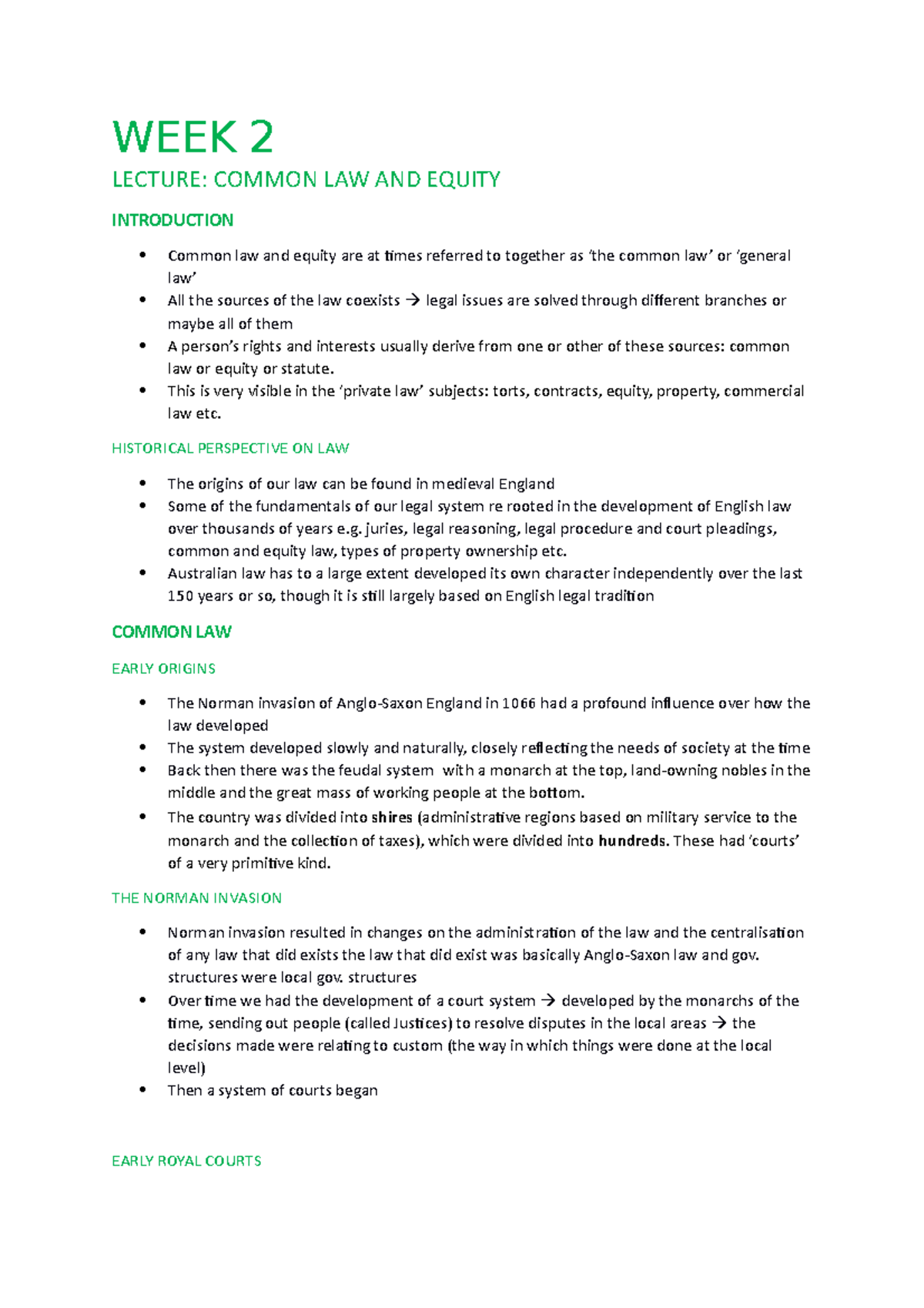 Lecture and reading notes - WEEK 2 LECTURE: COMMON LAW AND EQUITY ...