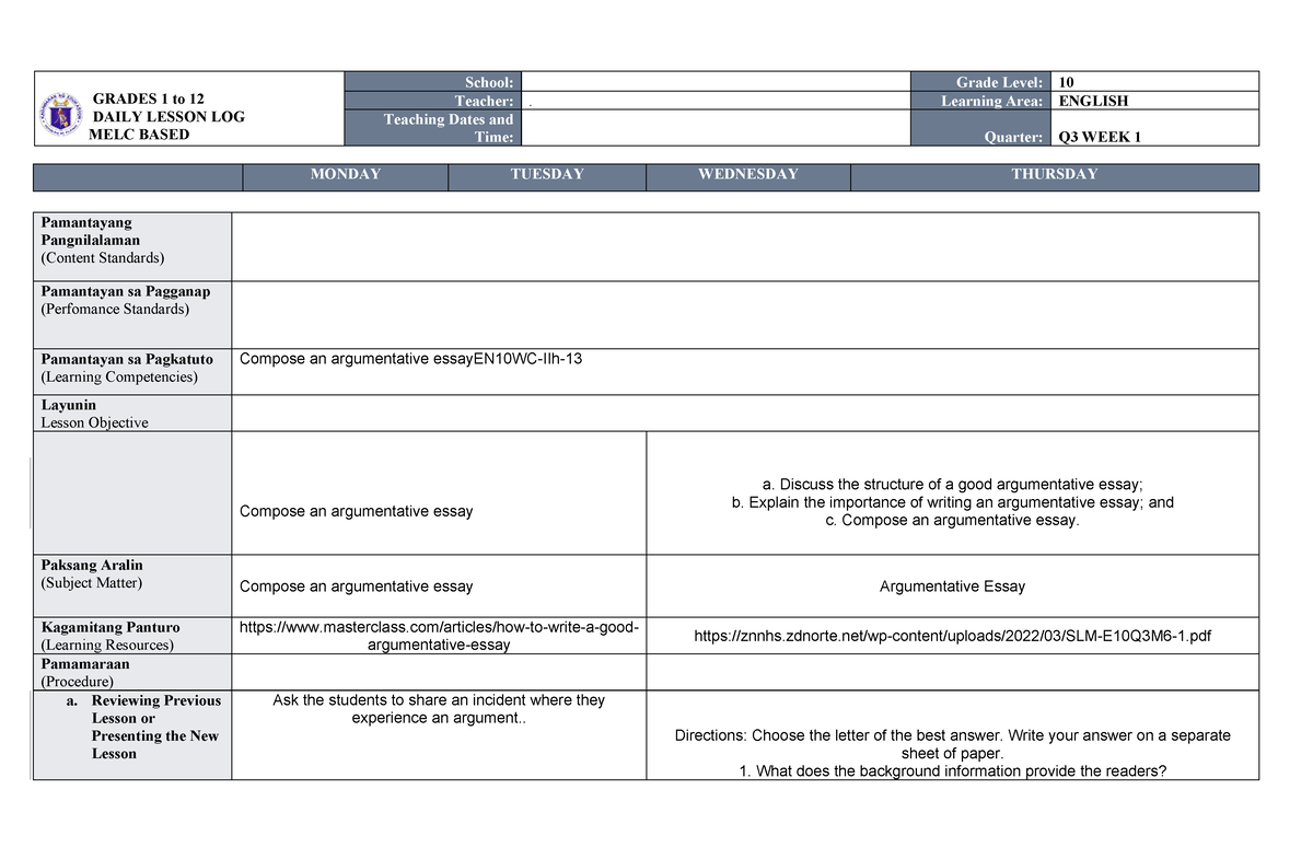 MELC DLL ENG 10 WEEK 1 Final Q3 DONE - GRADES 1 To 12 DAILY LESSON LOG ...