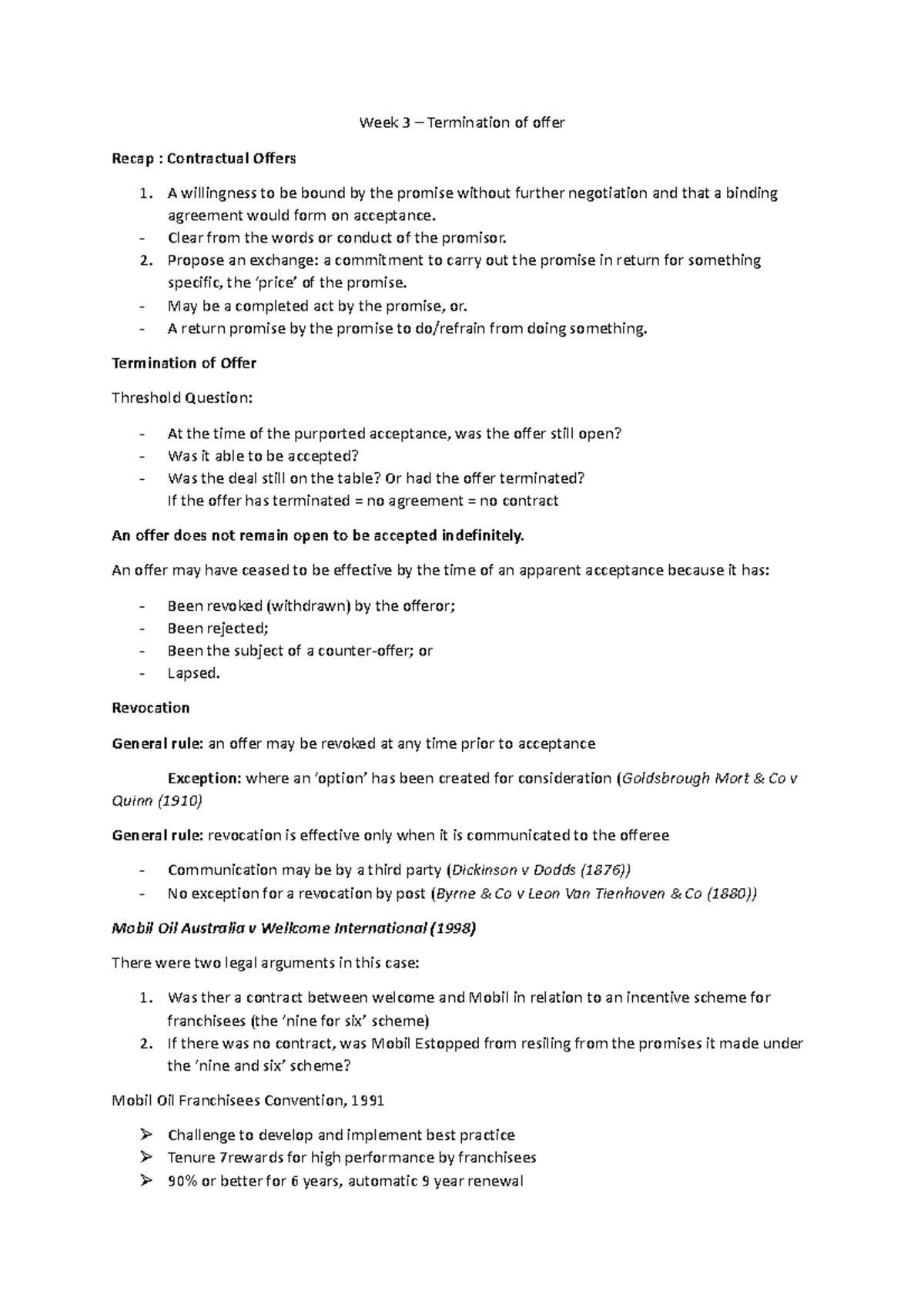 Week 3 - ... - Week 3 – Termination of offer Recap : Contractual Offers ...