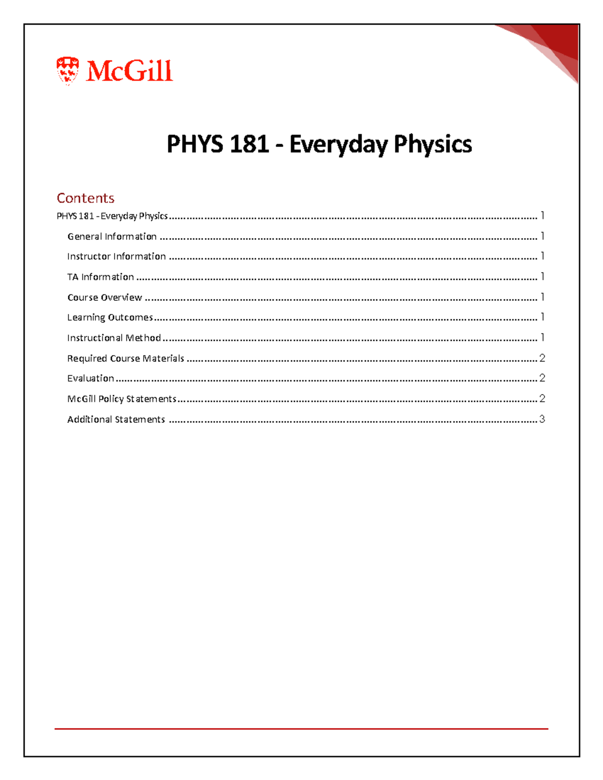 PHYS181-Syllabus, Winter 2022 - PHYS 181 - Everyday Physics PHYS 181 ...