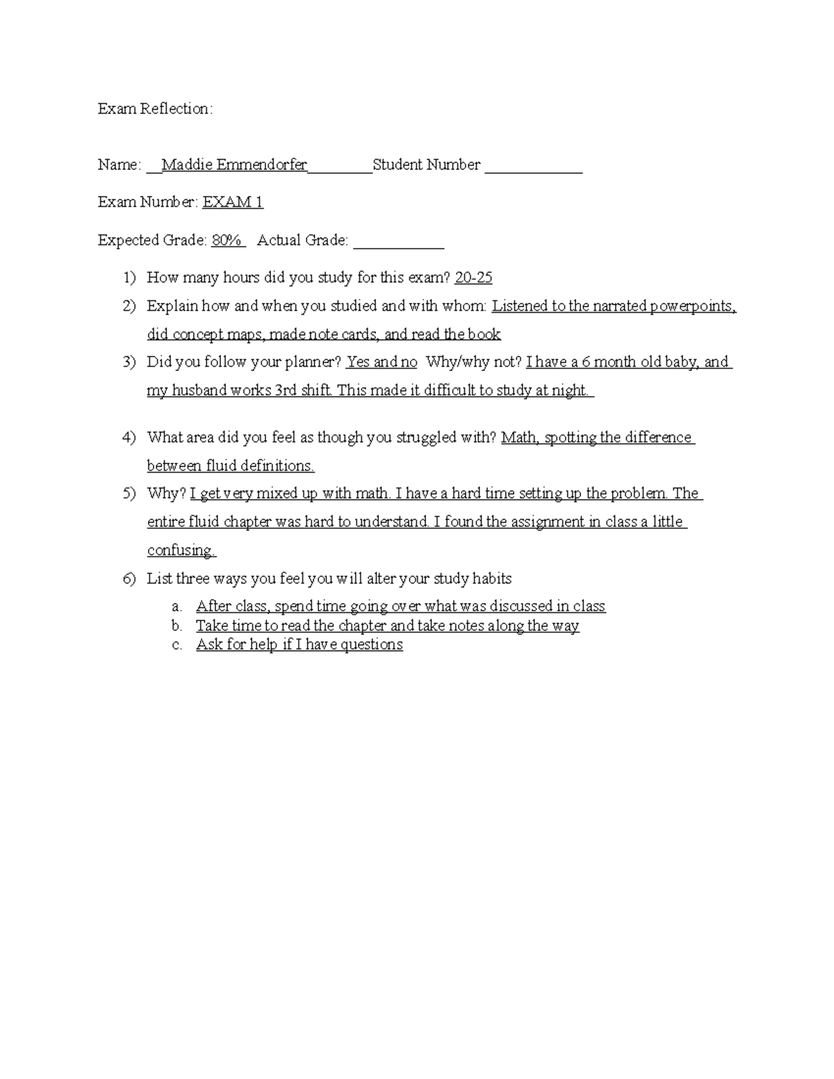 Exam review 1 - kjkjhjkhgjl - Exam Reflection: Name: __Maddie ...