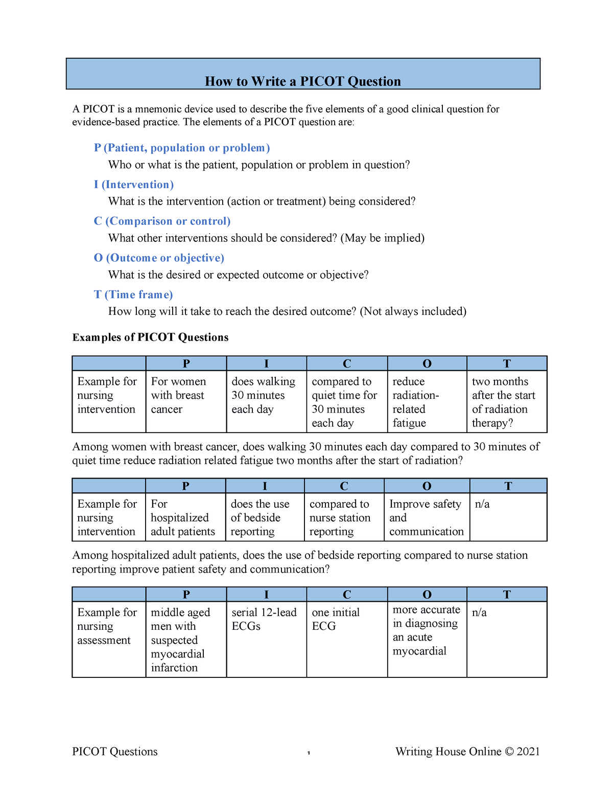 Picot Worksheet - PICOT Question Worksheet Name: Please read the assignment  guidelines and rubric. - Studocu