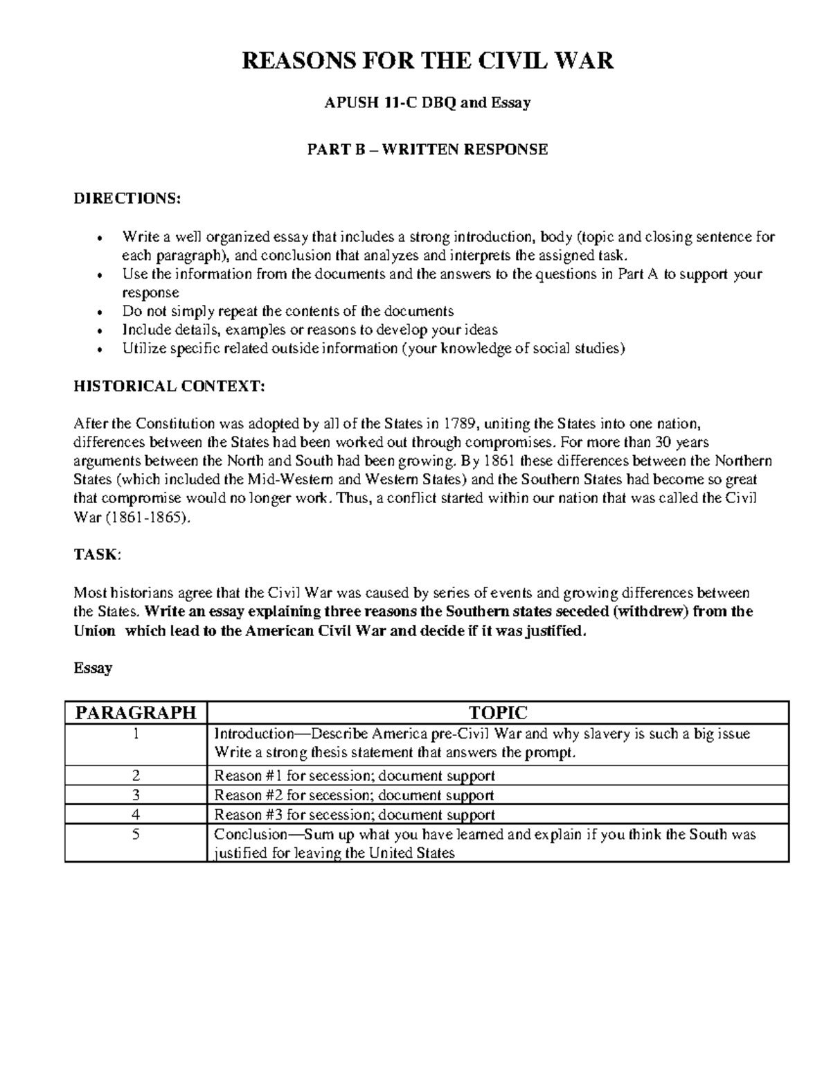 DBQ Reasons FOR THE Civil WAR 14 - REASONS FOR THE CIVIL WAR APUSH 11-C ...