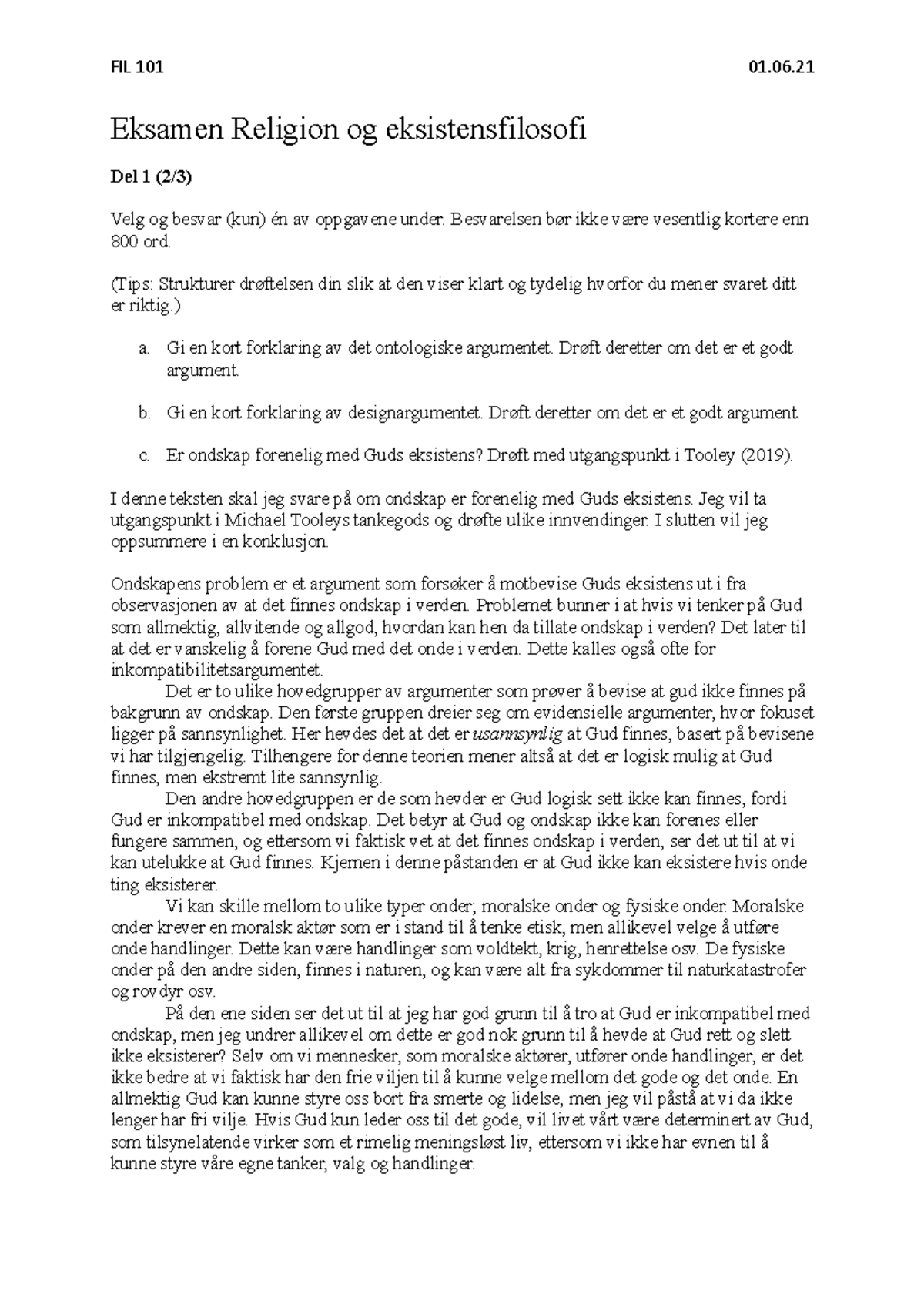 Eksamen Religion og eksistensfilosofi Besvarelsen bør ikke være
