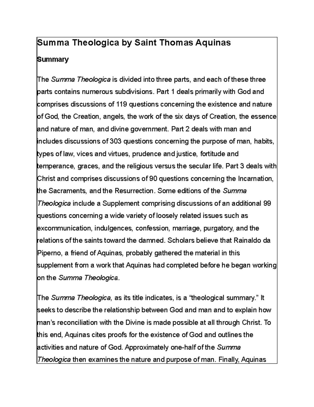 Summa Theologica By Saint Thomas Aquinas Best Notes Of English Studocu