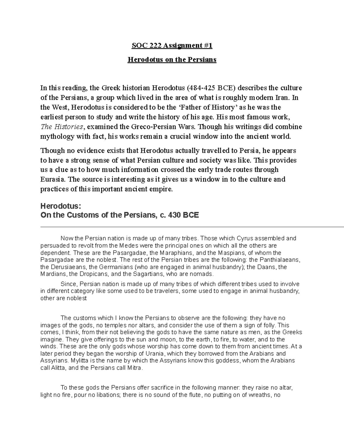 SOC 222 Assignment #1 (Herodotus on the Persians) (Fall 2022) (13) (10 ...