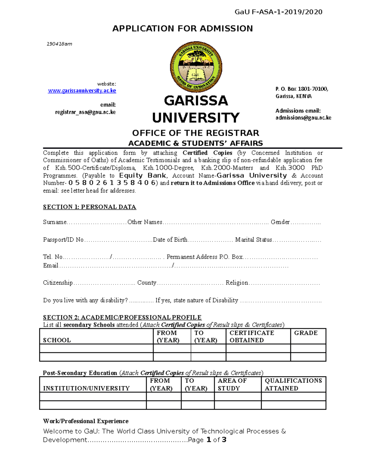 Ga UApplication Form - Assignment - GaU F-ASA-1-2019/ APPLICATION FOR ...