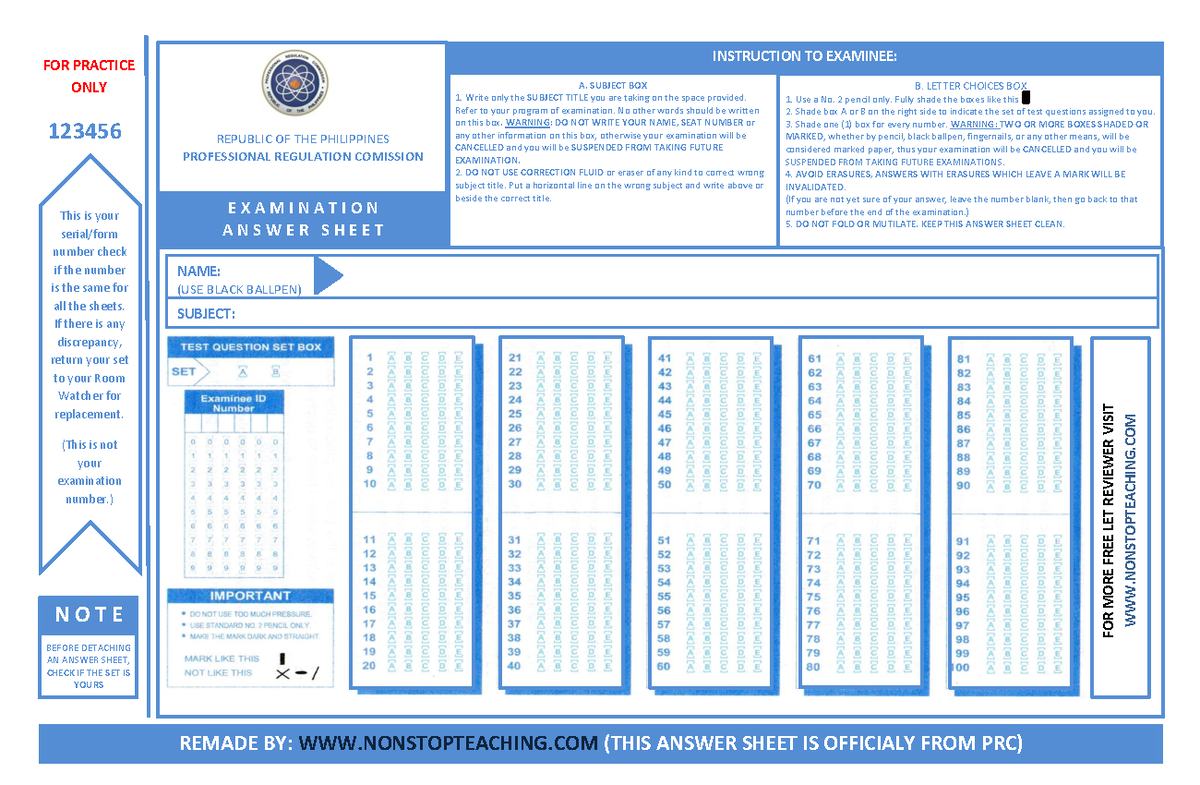 Sample Answer Sheet - REPUBLIC OF THE PHILIPPINES PROFESSIONAL ...