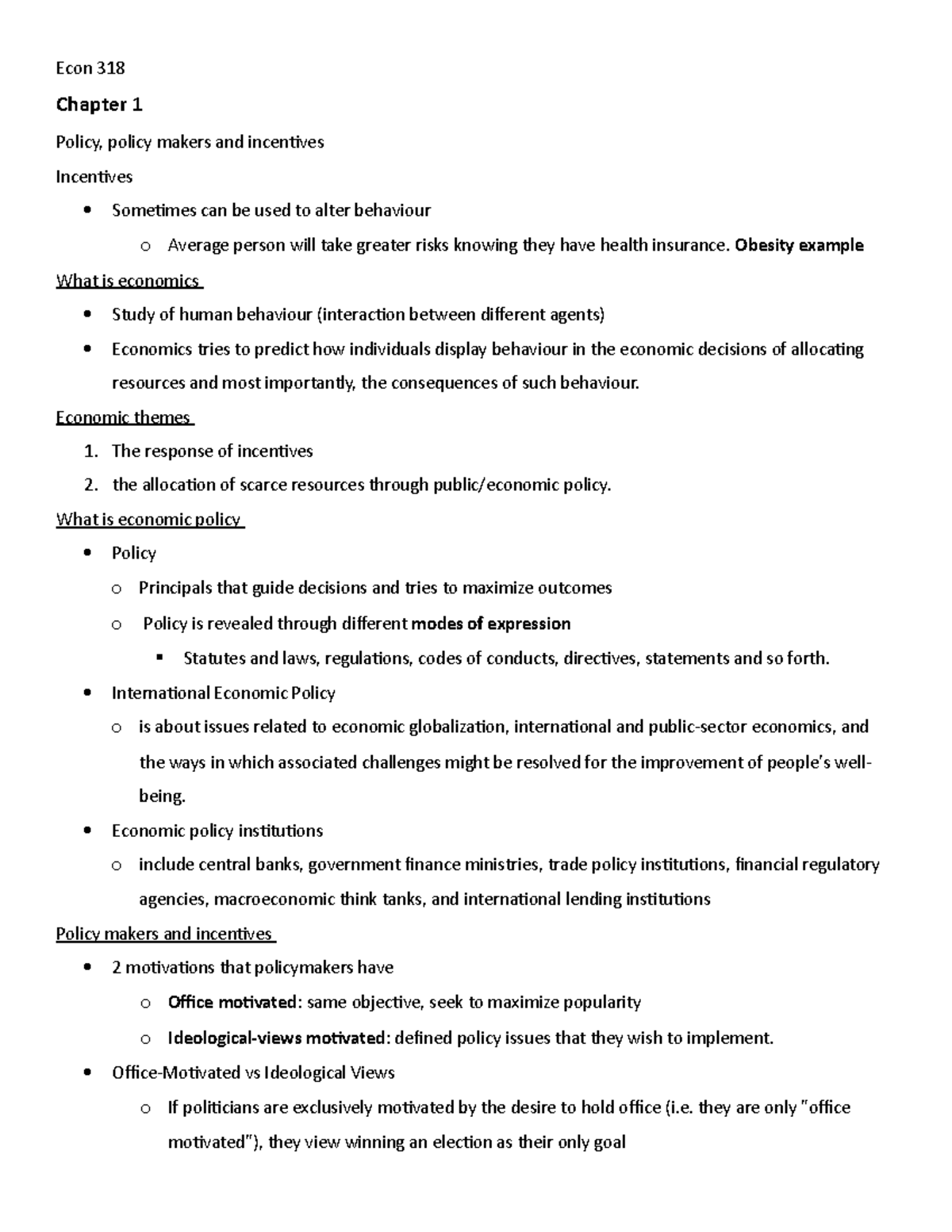 Econ 318 Policy, policy makers and incentives - Econ 318 Chapter 1 ...