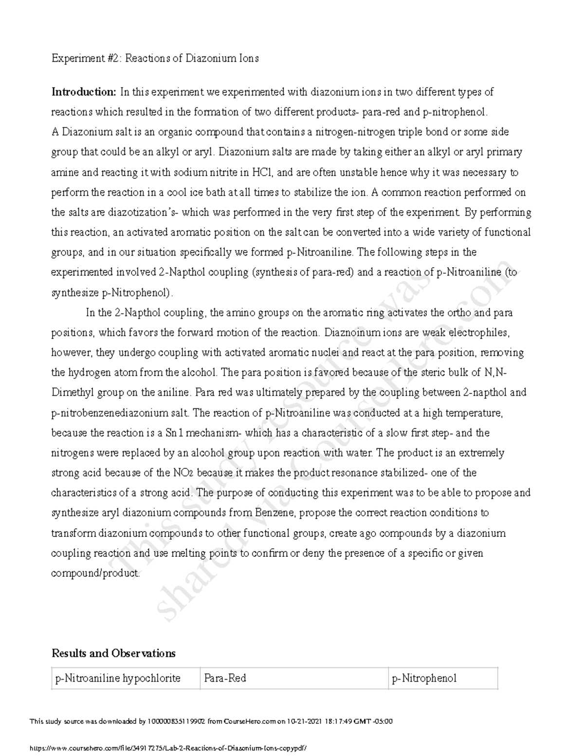 Lab 2 Reactions of Diazonium Ions copy - CHEM 225.LB - Hunter College ...