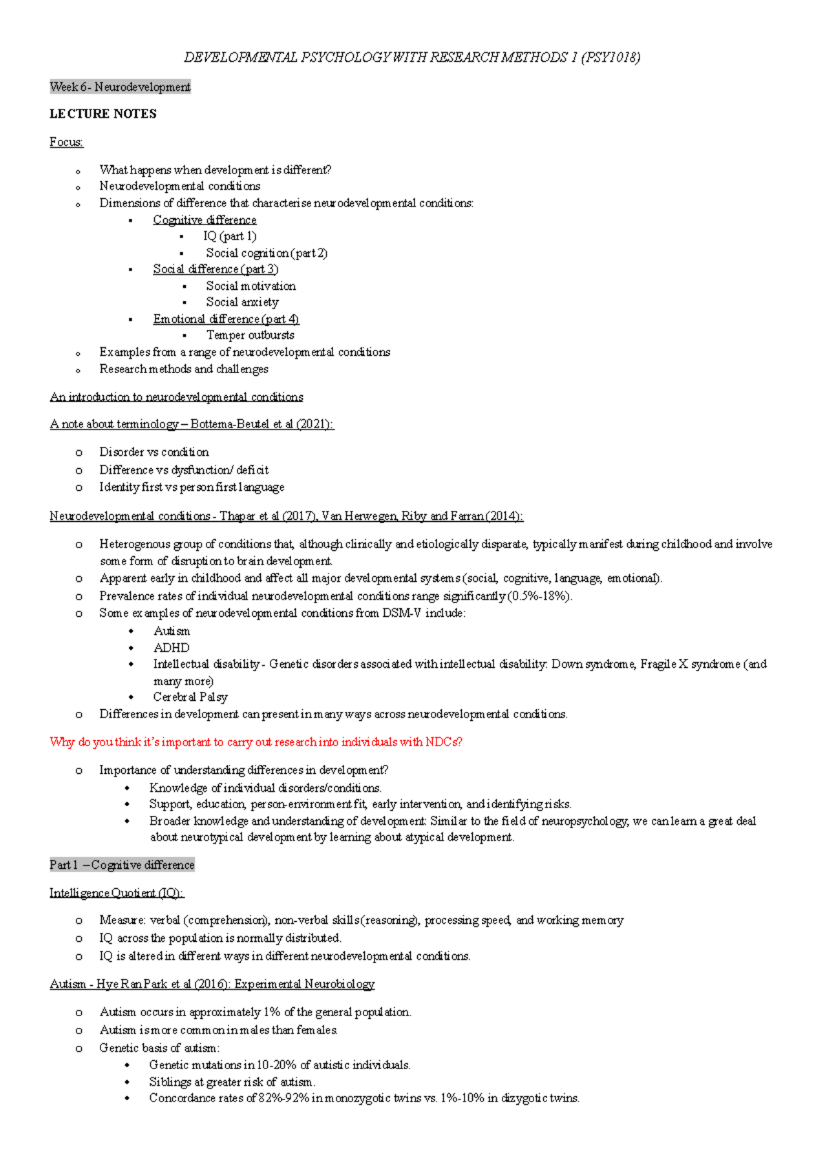 6-PSY1018 - Week 6- Neurodevelopment LECTURE NOTES Focus: o What ...
