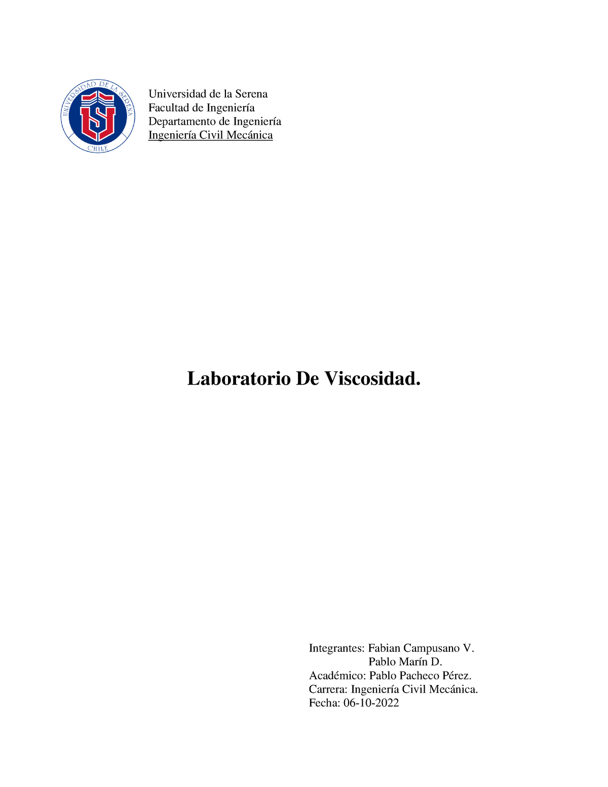 Lab 1 Mecanica De Fluidos - Laboratorio De Viscosidad. Universidad De ...