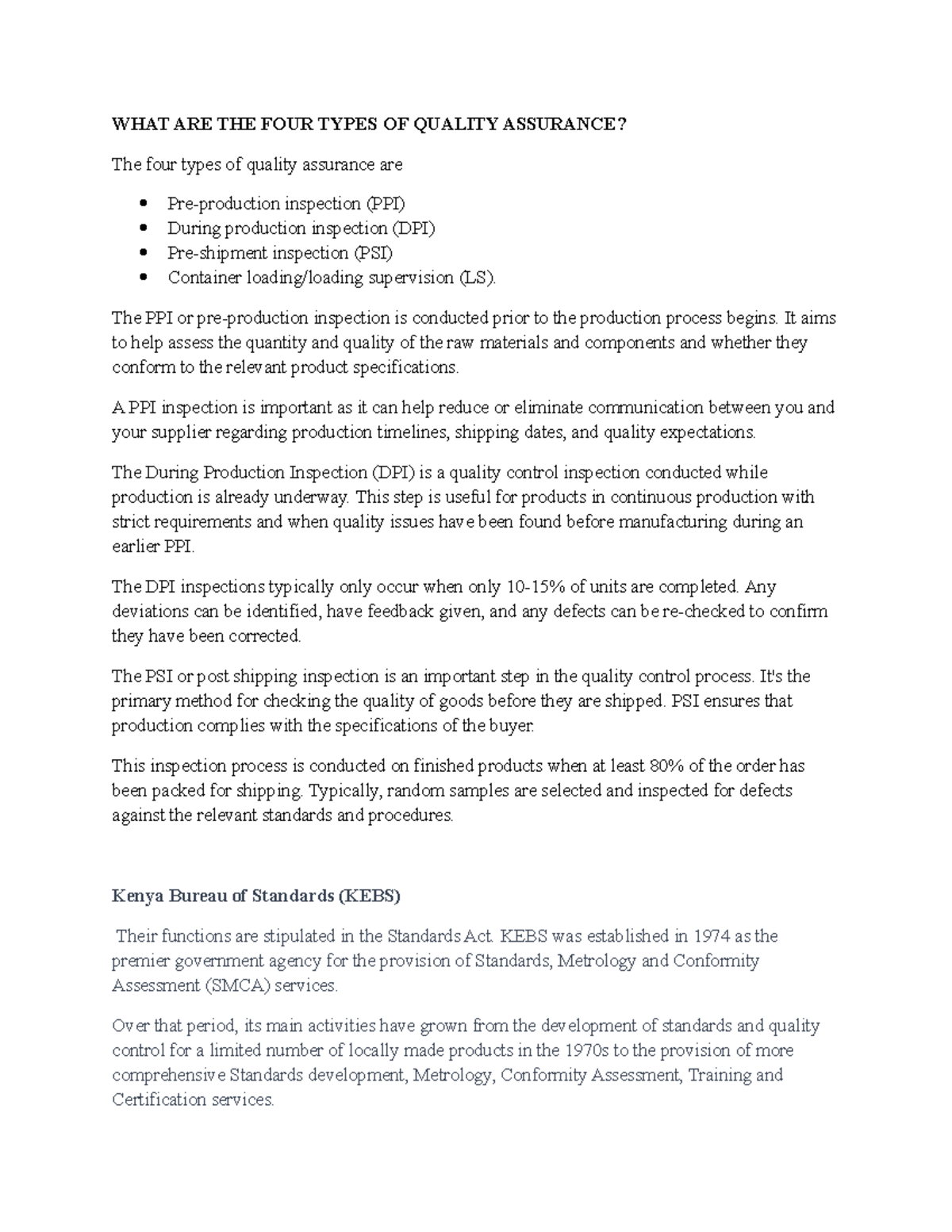 Quality Assurankebsce kebs WHAT ARE THE FOUR TYPES OF QUALITY