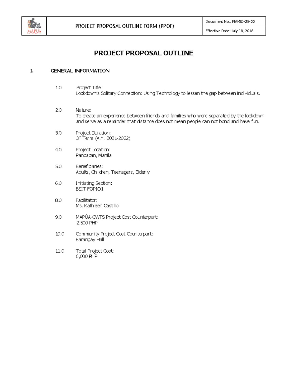 Project Proposal 1st Draft VGatchalian - PROJECT PROPOSAL OUTLINE FORM ...
