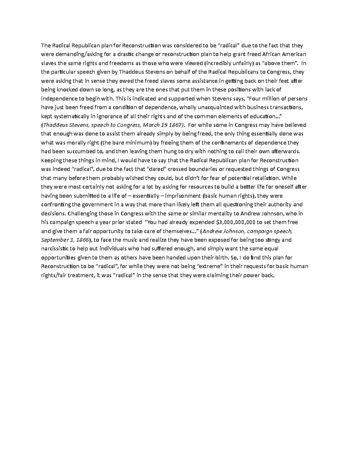 Radical Republican Plan for Reconstruction In the particular speech