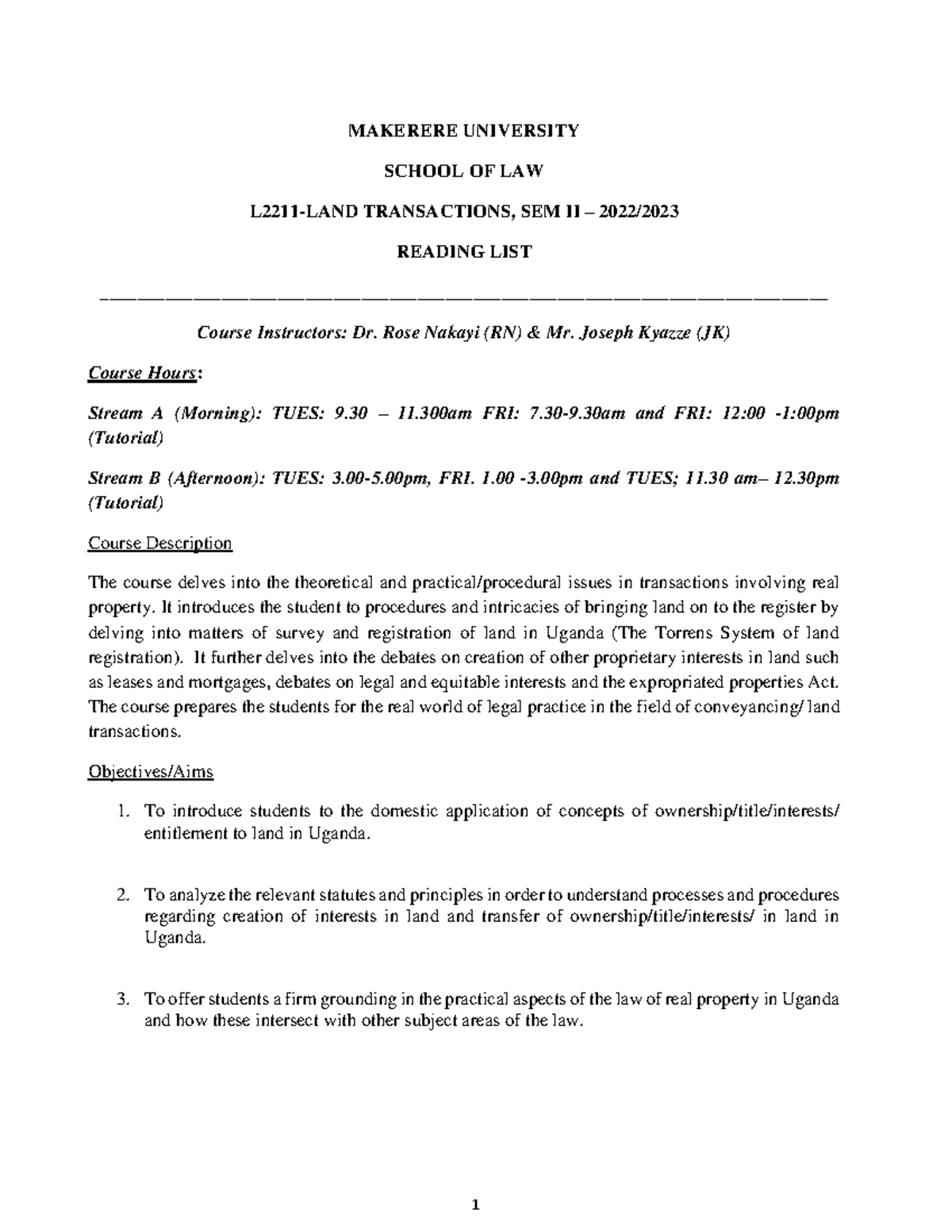Revised Reading LIST FOR LAND Transactions 2023 MAKERERE UNIVERSITY