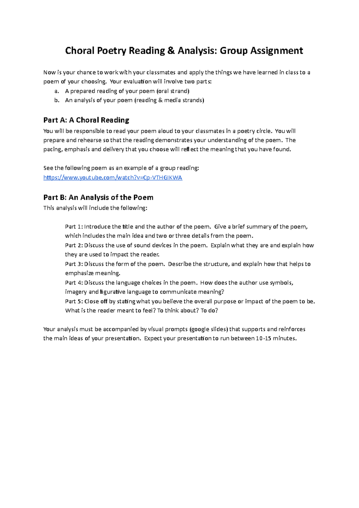 Poetry Reading and Analysis Group Assignment - Choral Poetry Reading ...